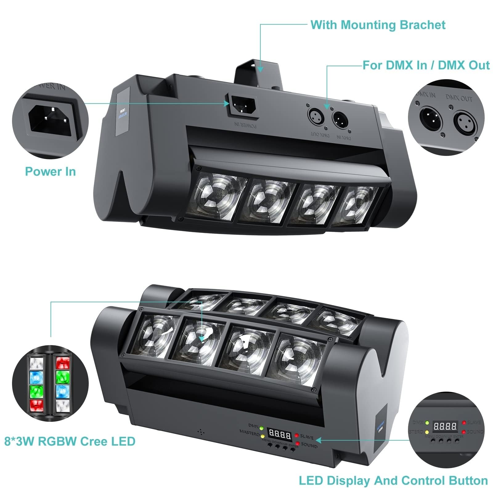 Betopper 8x3W Spider Moving Head DJ Light,RGBW Stage Disco Light-1 Pack