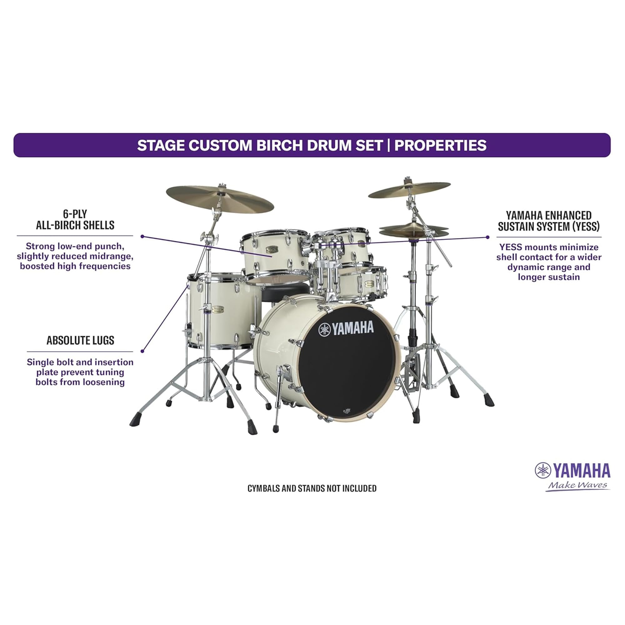 Yamaha SBP0F50CLW Stage Custom Birch 5pc Drum Shell Pack With a 20″ Kick Drum and 14? Snare Drum in Classic White For Students and Working Drummers ()