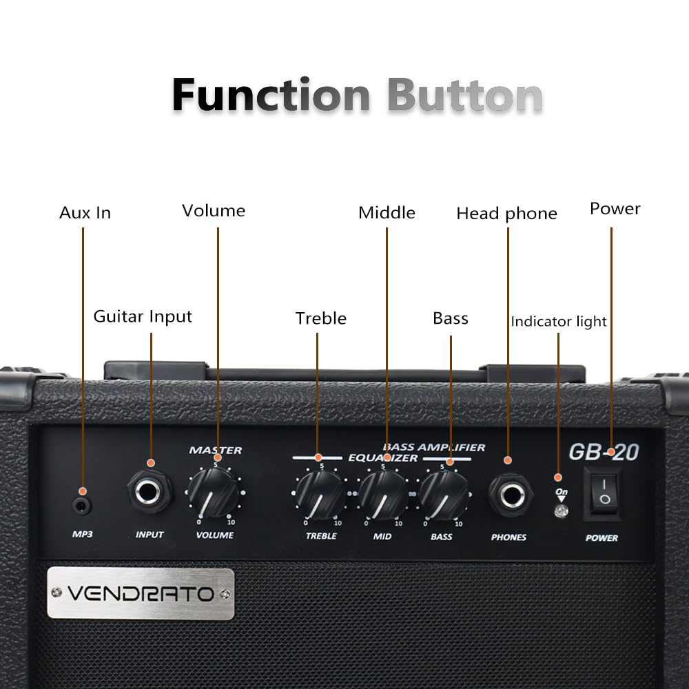 Vendrato Electric Bass Amplifier 20w amp Black Color Multi Band Treble Middle bass mp3 Headphone Jack Portable for Starter Beginner Practice Travel bass Amp noiseless Cable Picks and Adapter with