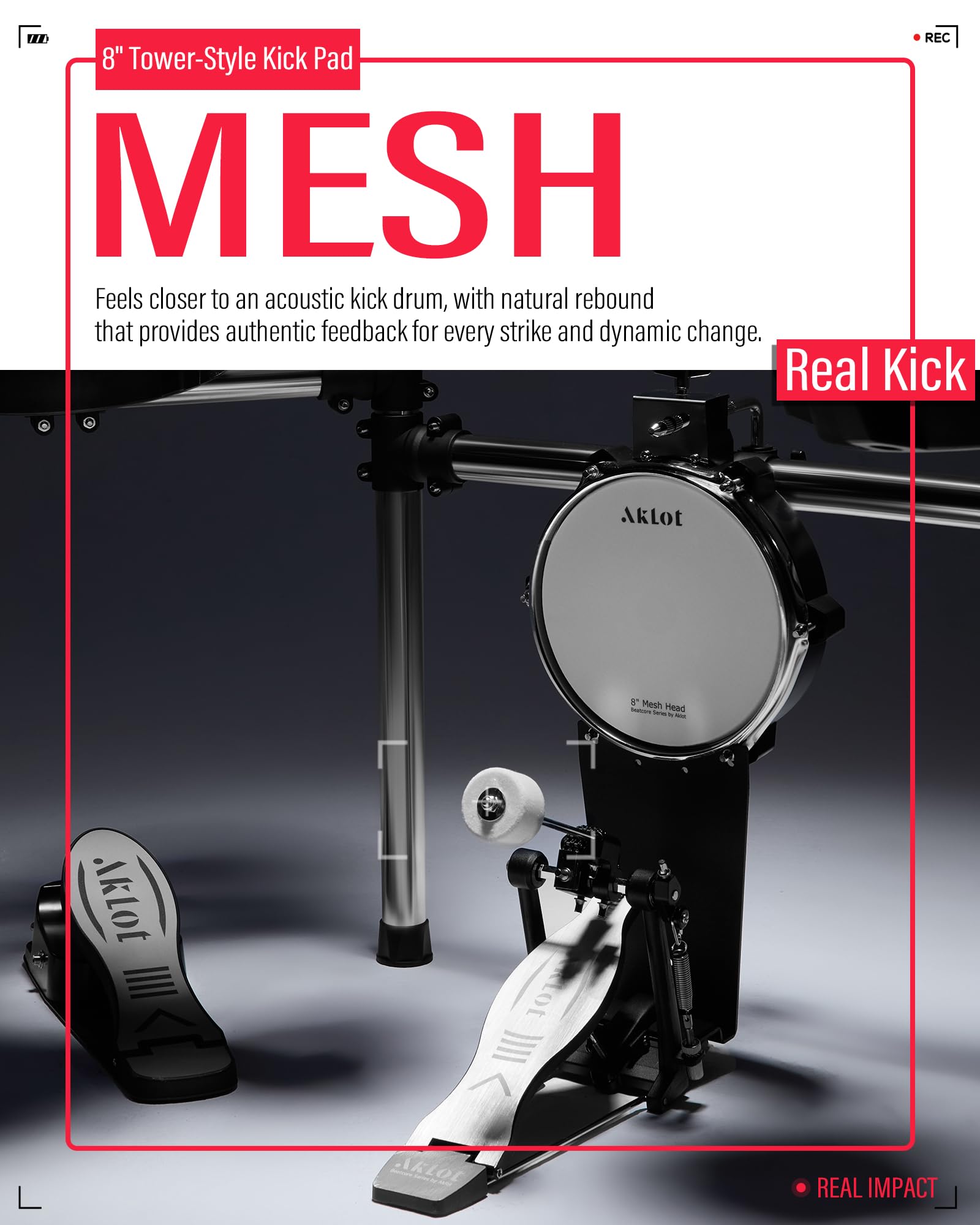 AKLOT Electric Drum Set with Kick-Tower: 4 Dual Zone Mesh Pads, 8’’ Tower-Style Kick Drum, 10’’ Snare, Dual Zone 10’’ Cymbals with Choke, 360 Sounds, User Kit, USB-MIDI, Throne, B-CORE 540 Air, Silver