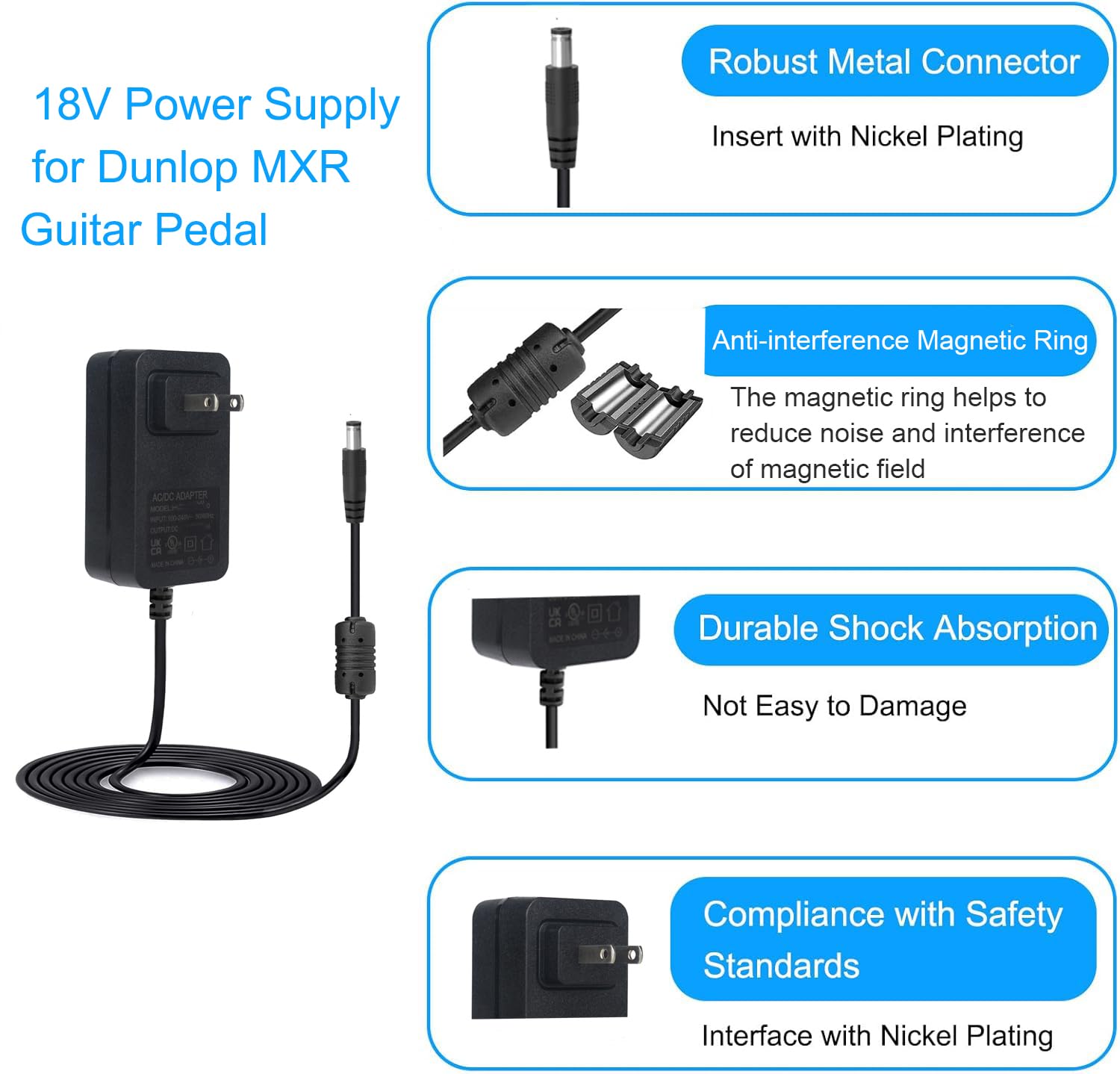 18V 1A Guitar Pedal Power Supply Compatible with Dunlop MXR Guitar Pedal,18V DC Regulated Power Supply Center Negative Plug for JOYO JP-01 JP-02 Effect Pedal Cord
