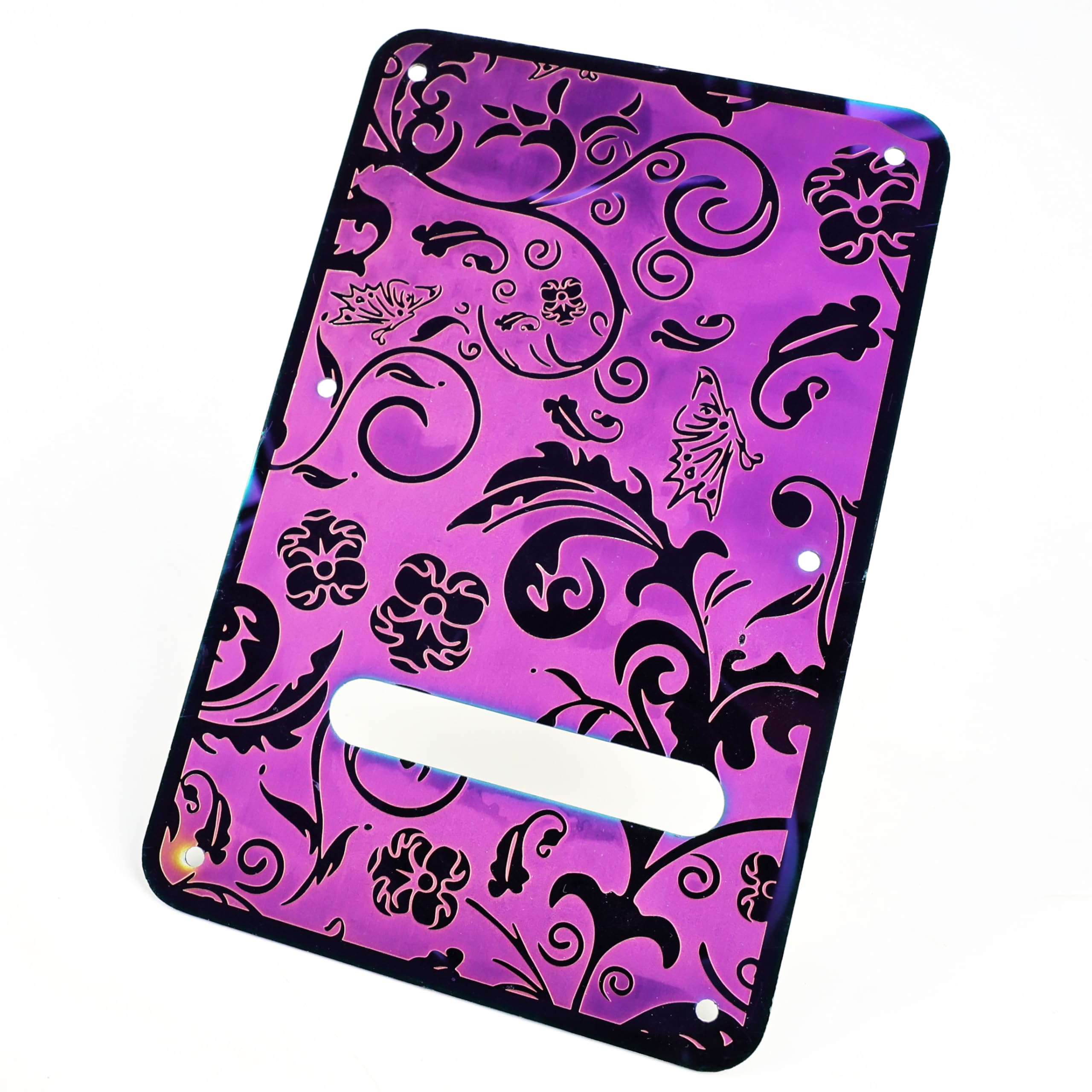 OVSAL Stainless Steel Guitar Back Plate 6 holes Engraved Metal Trem Tremolo Cover Electric Guitar Back Cover Plate Compatible with USA/Mexican Standard FD Strat ST Replacement Parts (Purple)