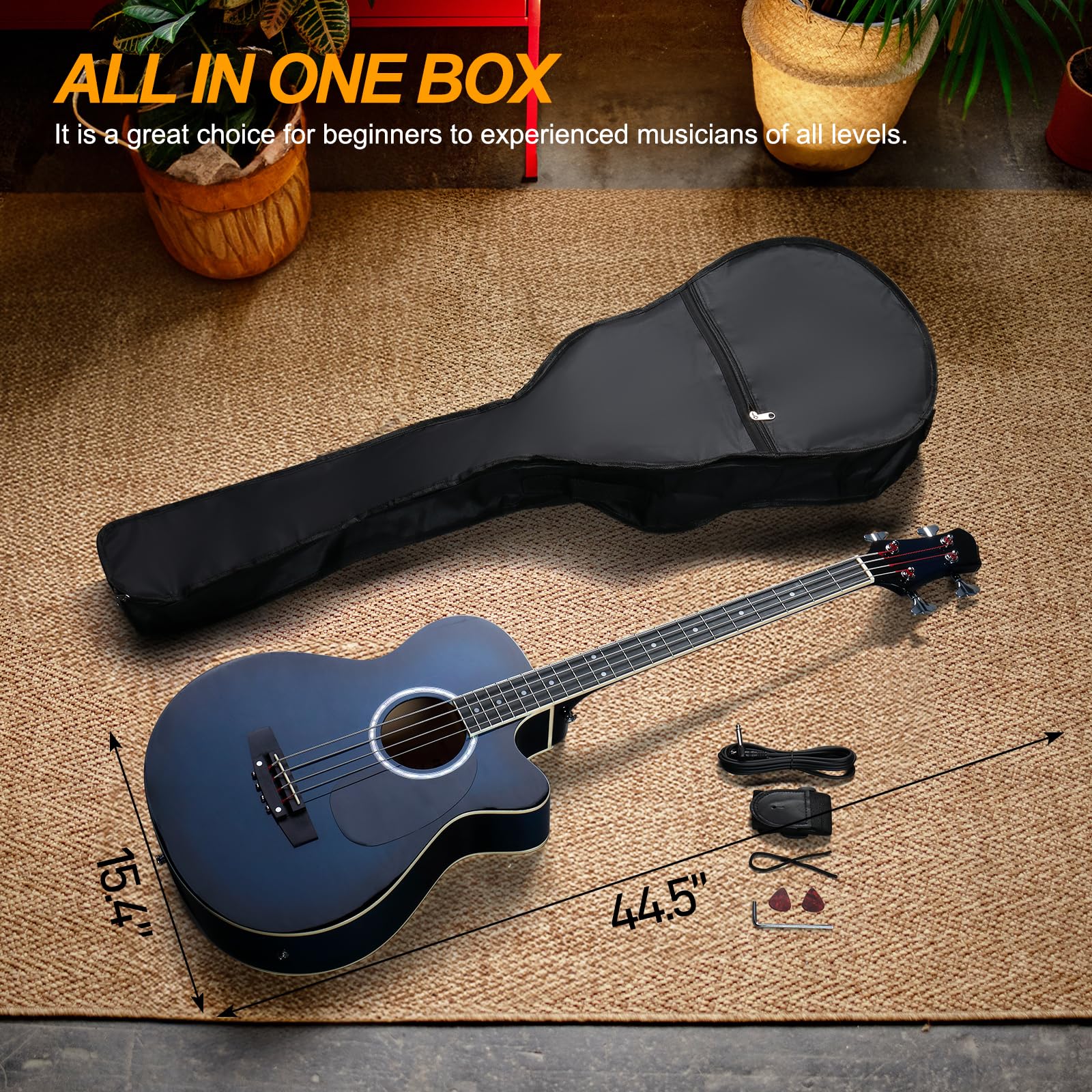 Ktaxon 4 String Acoustic Bass Guitar, Full Size Bass Guitar Kit, Blue
