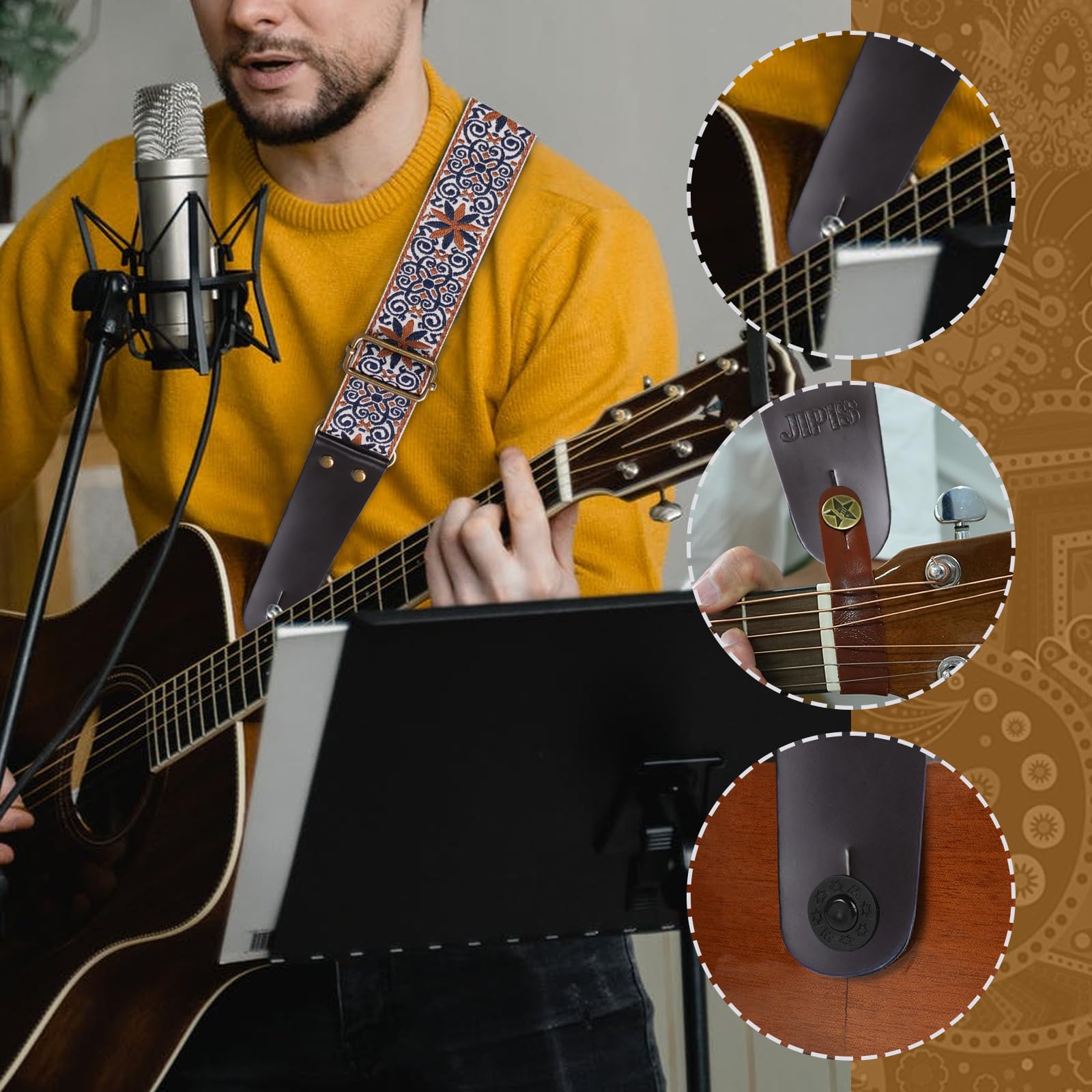 JIPIS Embroidered Guitar Strap for Acoustic/Electric Guitars/Bass,with Free 1 Head strap, 2 Anti Slip Buckles, 3 Guitar Picks (GS-89-2 Petal Brown)