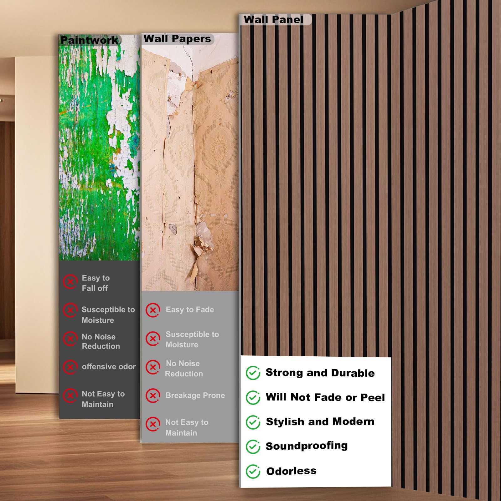 Fivaz 4 Pcs 94″ × 11″ Wood Panels for Wall, Soundproof Wood Slat Wall Paneling, Stylish Decor Acoustic Wall Panels for Wall and Ceiling, Odor-Free & Easy to Install, Dark Walnut