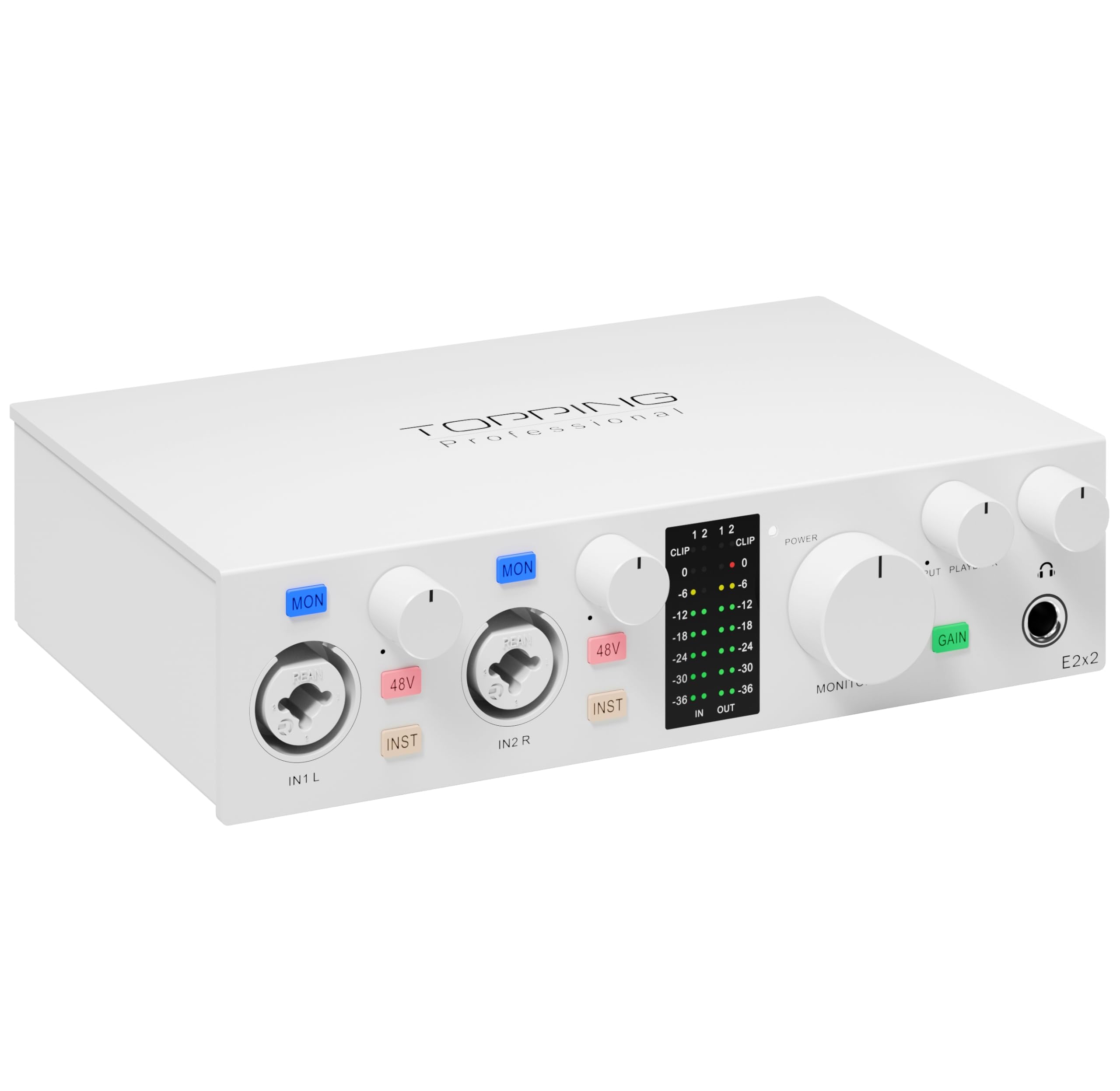 TOPPING E2X2 USB Audio Interface – High-Performance Mixer & Recording Interface for PC, Mac, iPhone & Android – Ultra-Linear Preamp, 48V Phantom Power, Low Noise, Real-Time Monitoring (White)