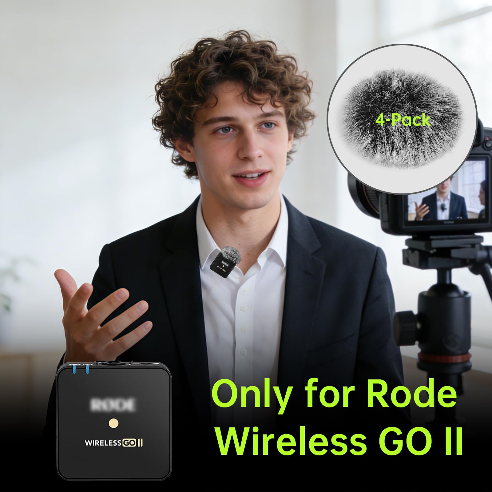 PhantAccy 4PCS Windscreen/Pop Filter for Rode Wireless Go II (2nd Gen) Microphones – Furry Mic Cover for Wind & Ambient Noise Reduction (Rode Wireless Go II, Black-White)