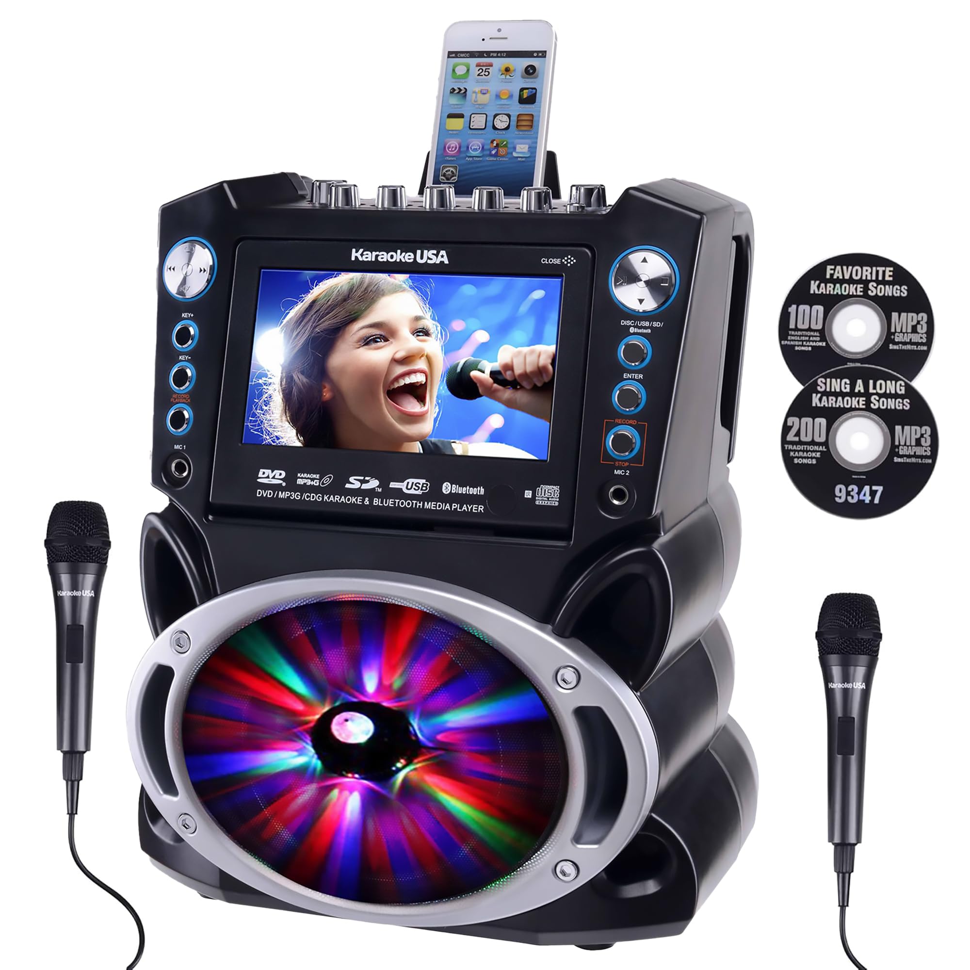 Karaoke Machine with Lyrics Display 7″ Screen. CD+G, DVD, MP3+G, MP3, CD & USB. Wireless Bluetooth Speaker with LED Disco Lights. Includes 2 Wired Microphones and 2 Bonus Karaoke Discs By Karaoke USA