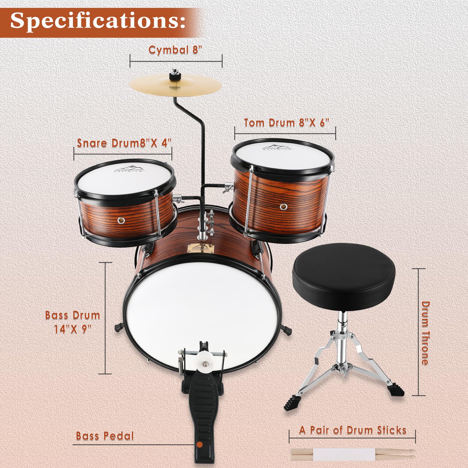 EASTROCK 3 Piece 14” Junior Drum sets for Drummer,Wood