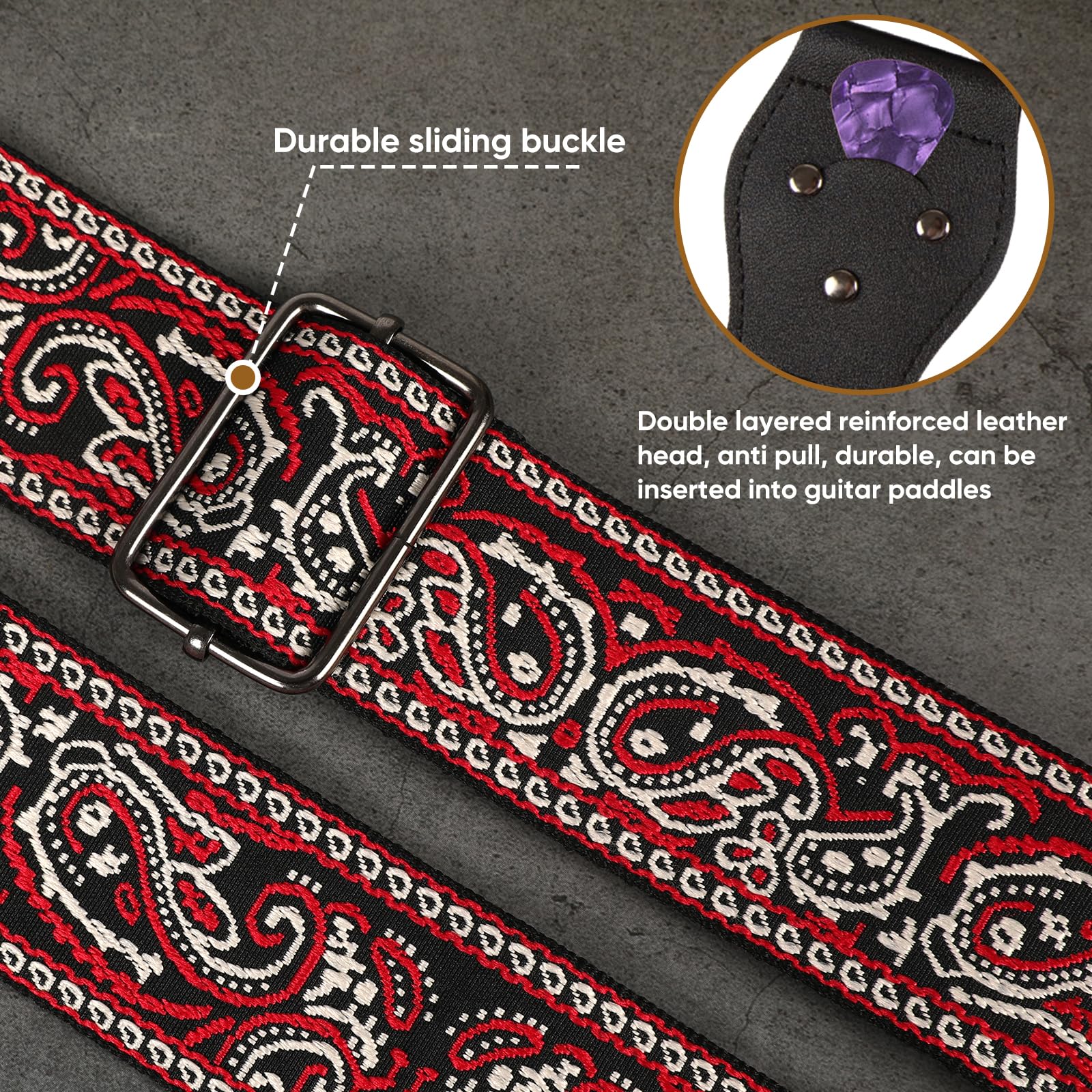JIPIS Embroidered Cotton Guitar Strap – Adjustable Length with Anti Slip Buckles, Free Head Strap, 3 Guitar Picks (GS-08-1 Red Embroidery)