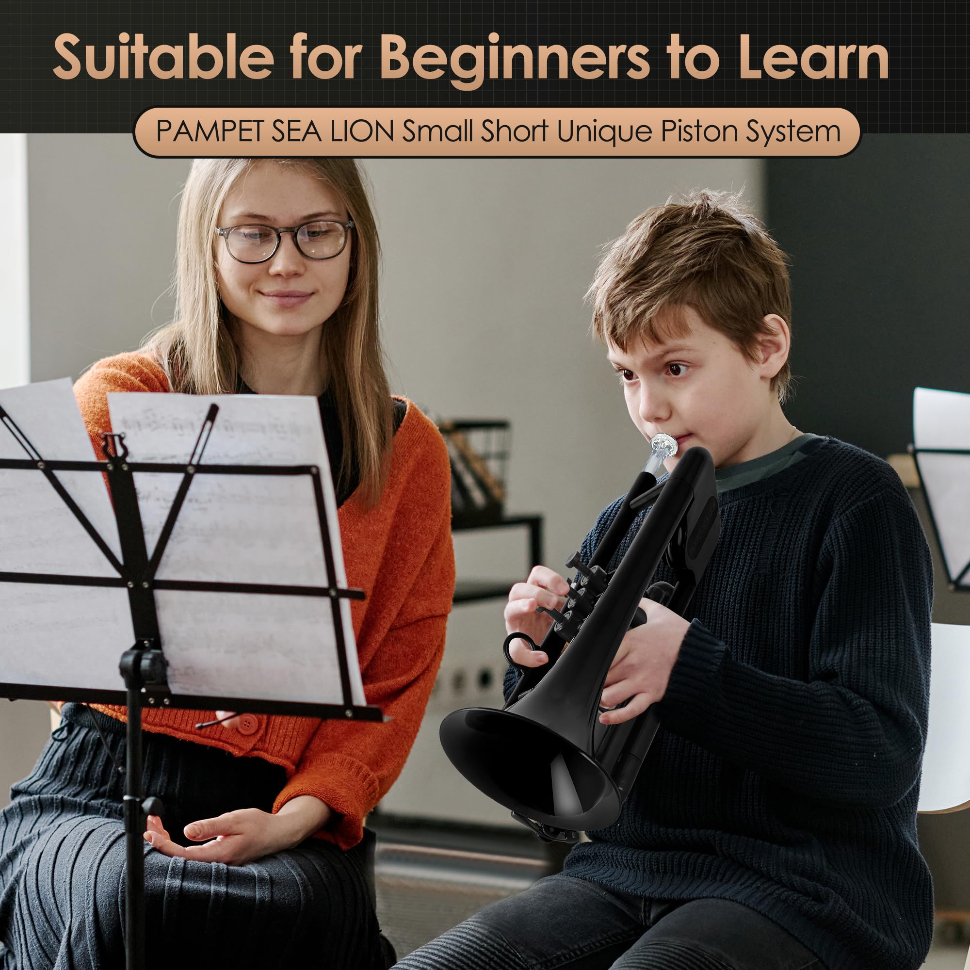 PAMPET SEA LION Professional Plastic Bb Trumpet Set for Student Beginner (Black)
