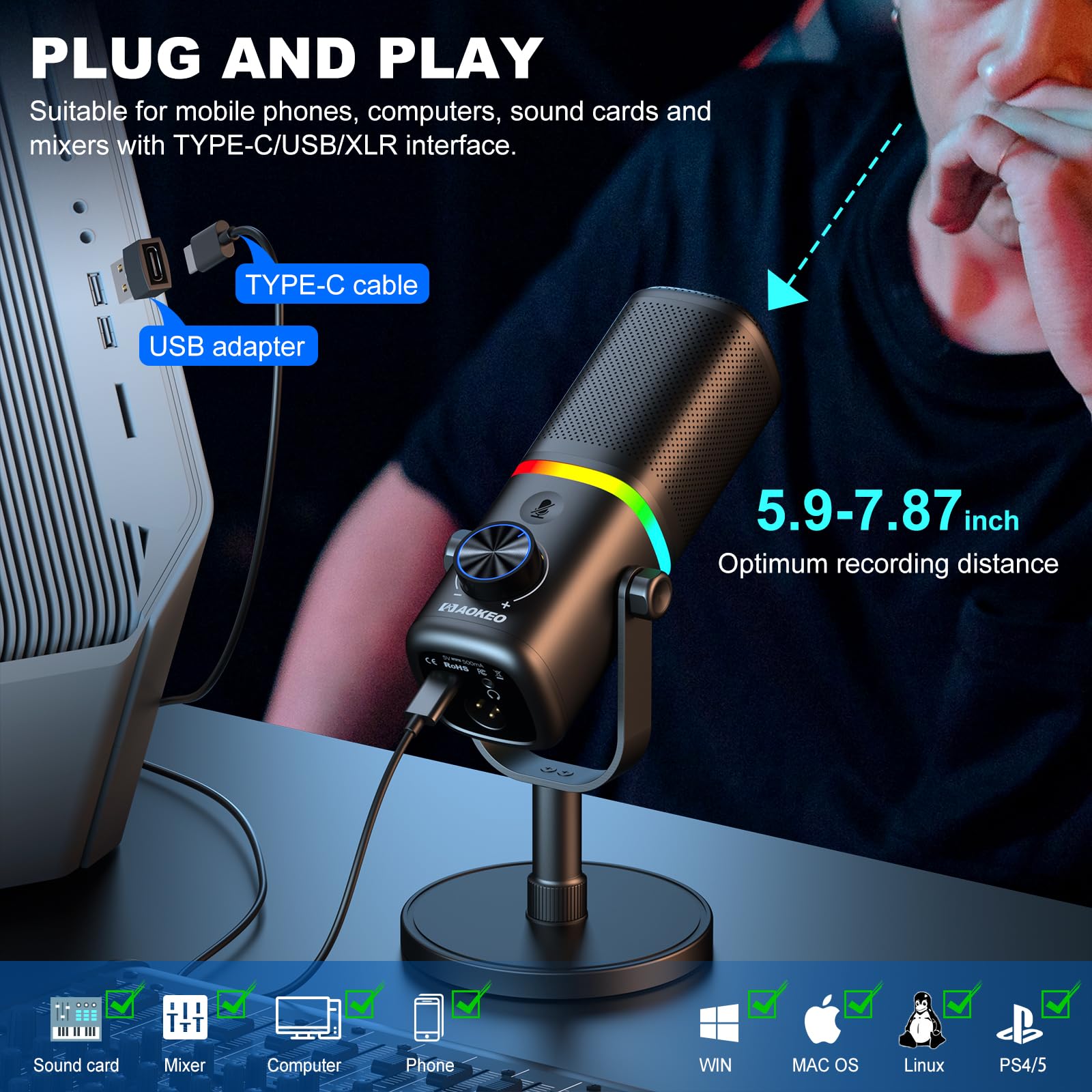 Aokeo Microphone for PC, AK-10 USB/XLR Dynamic Desktop Microphone for Gaming,Podcast,Streaming with RGB Light,Volume Control,Mute Button,Noise Reduction