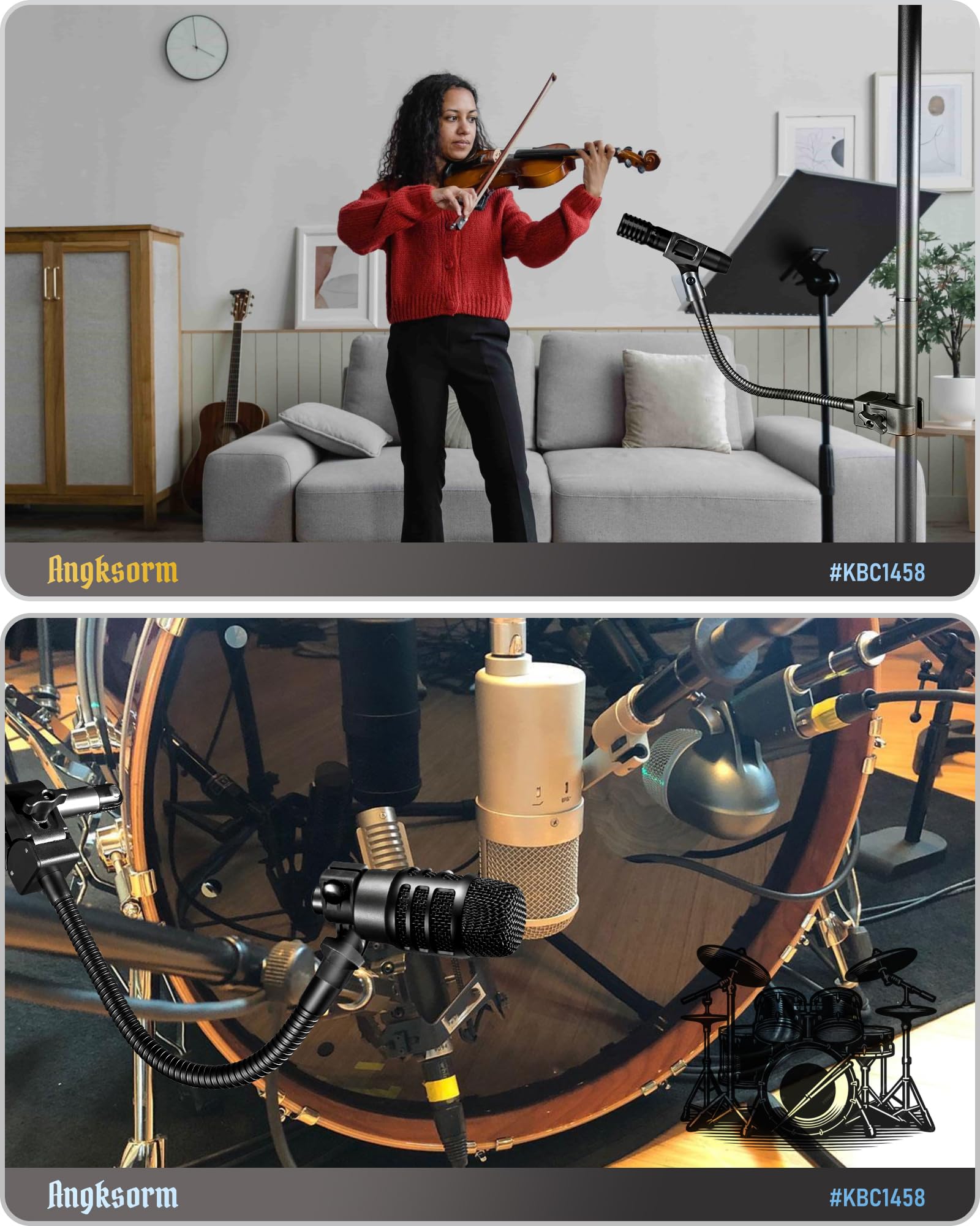 Angksorm KBC1458 Heavy-Duty Flexible Gooseneck Mic Arm with Super Crab Clamp Mount, 19″ Adjustable Microphone Stand Holder for Tripod Podcast, Streaming, Gaming, DJs, Bass Drum, Lectures