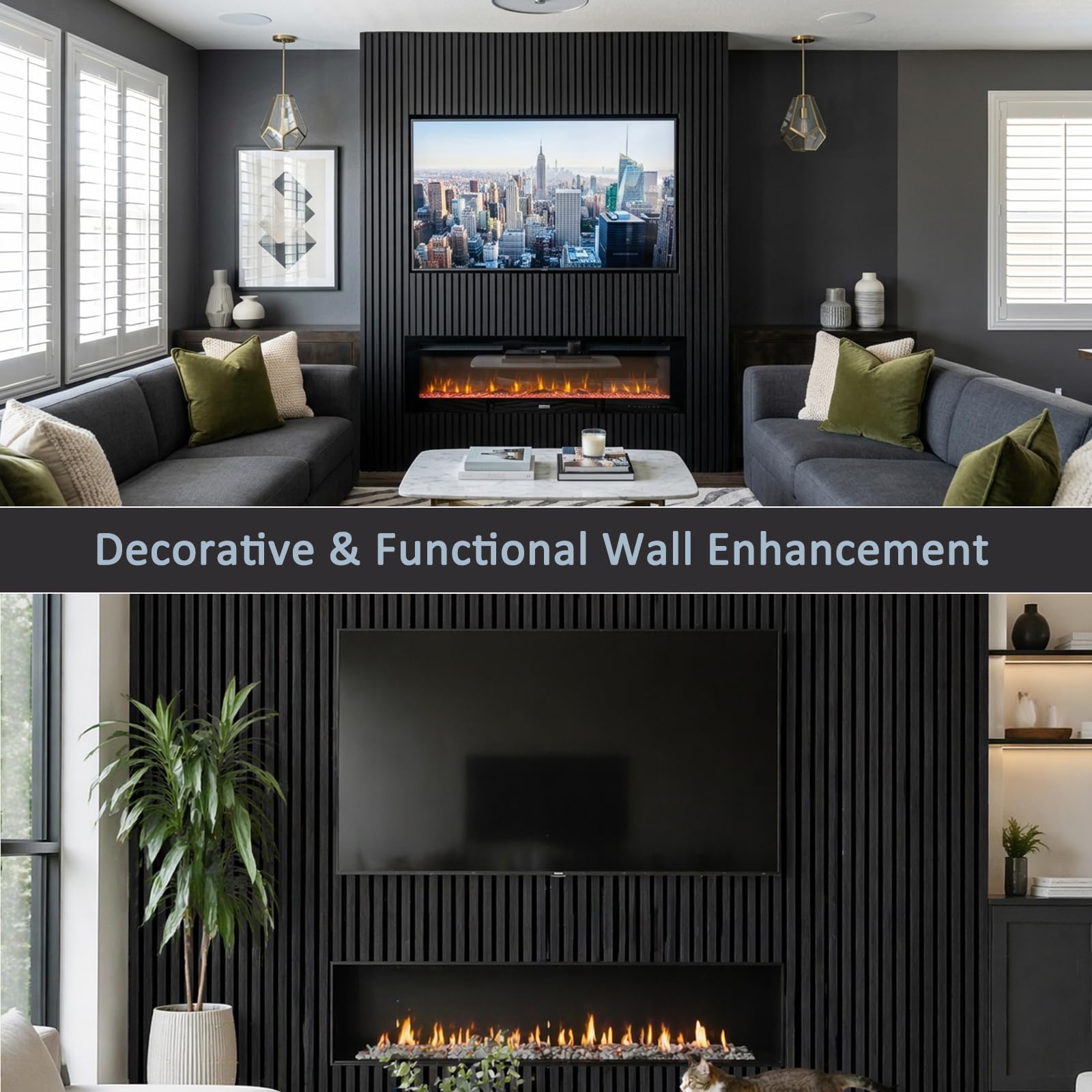 Wood Slat Wall Panels – 4 Pack 93.7″ × 11″ – Acoustic Panels Noise Reduction for Home Office Studio, 3D Fluted Sound Dampening Absorbing Panels, Matte Black