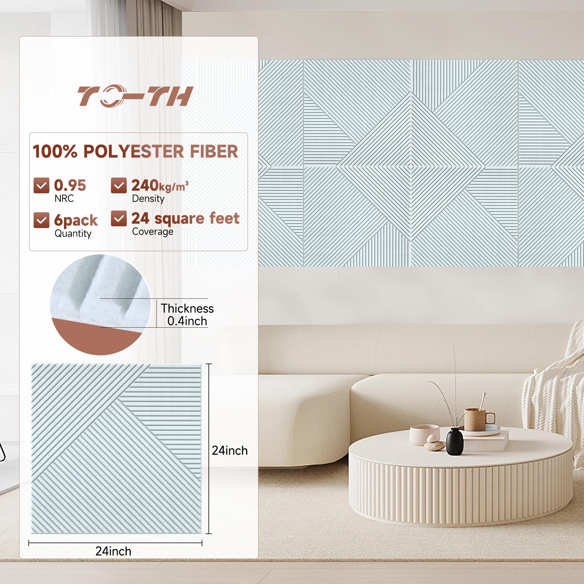 TO-TH Acoustic Wall Panels Peel and Stick Sound Proofing Panel 6Pack, White