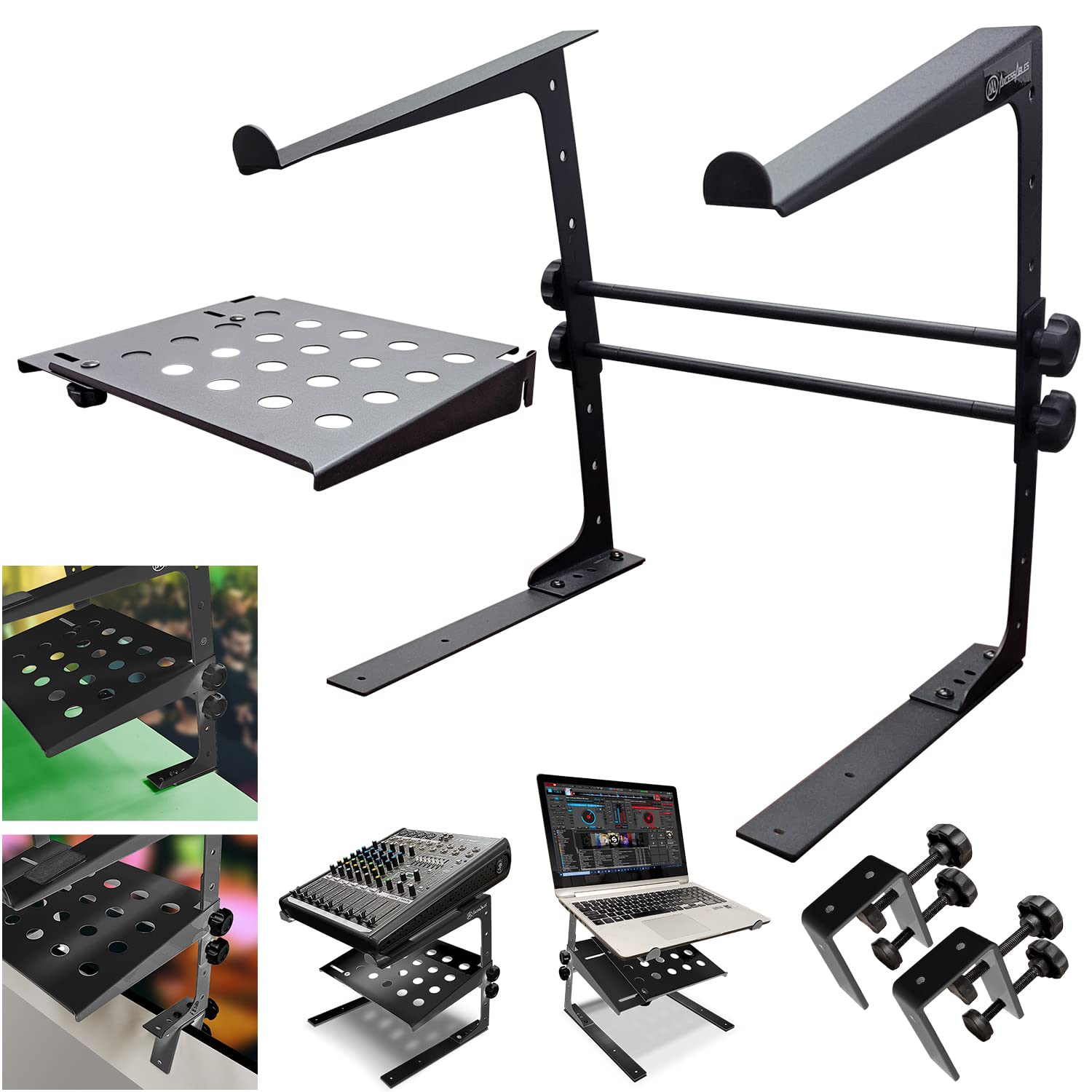 AxcessAbles Two-Tier Adjustable DJ Stand with Clamps | for DJ Controllers, Music Mixers, Laptops up to 20lbs.| DJ Controller Stand Compatible with DDJ-REV1, DDJ-FLX4 (LTS-03 Black)