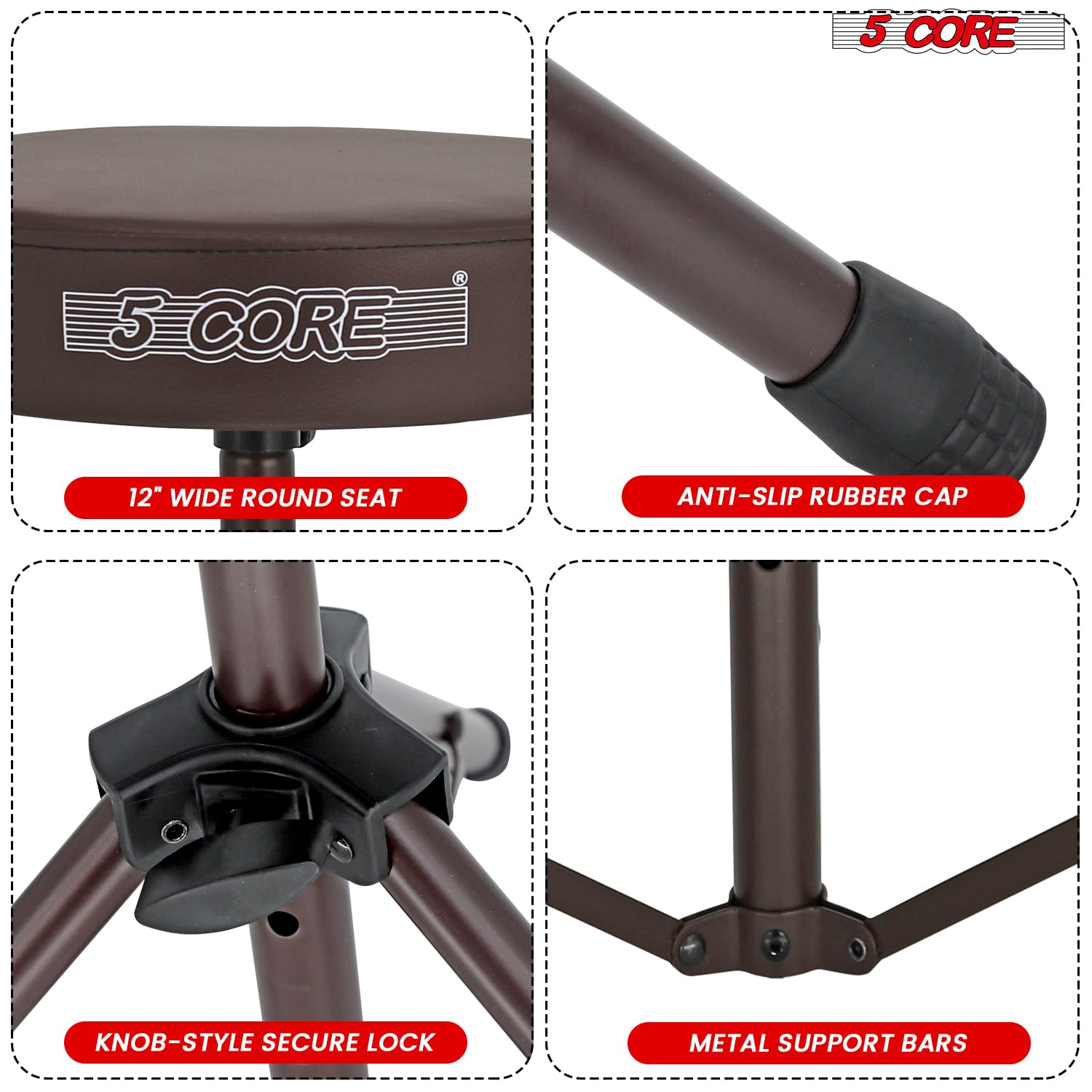 5 CORE Drum Throne Thick 3 Inch Padded Drum Seat Height Adjustable Drumming Stools with Anti-Slip Feet Musician Chair for Adults and Kids Drummers Brown – DS 01 BR