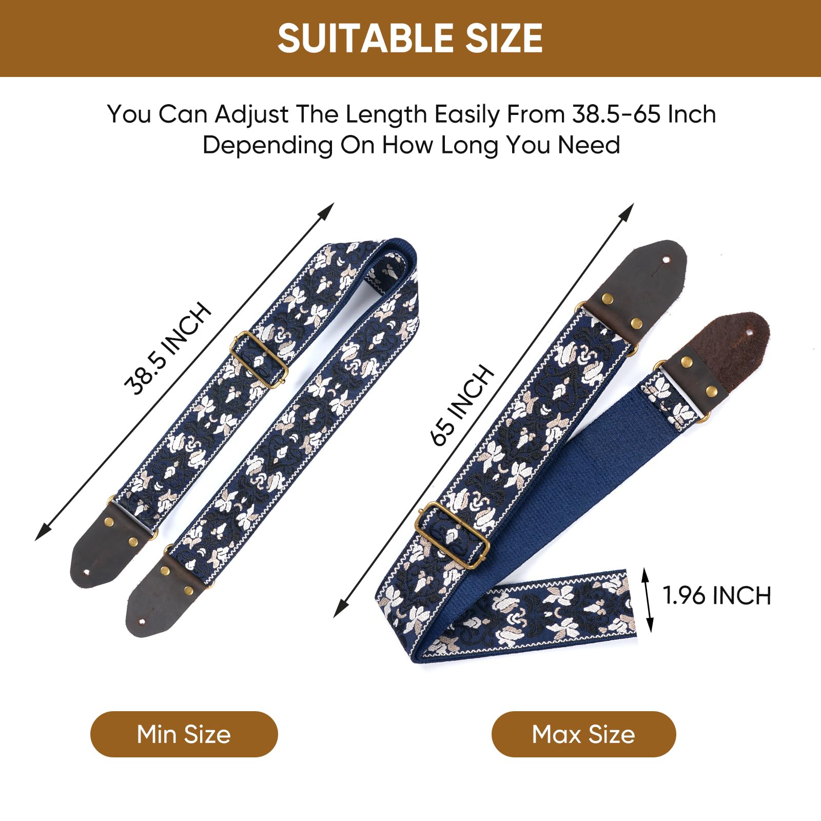 Guitar Strap,Jacquard Cotton Guitar Straps with Real Leather Ends for Acoustic,Electric Guitars and Bass,with Free 1 Head strap, 2 Anti Slip Buckle and 3 Guitar Picks(GS-75-3 Deep Blue Jacquard)
