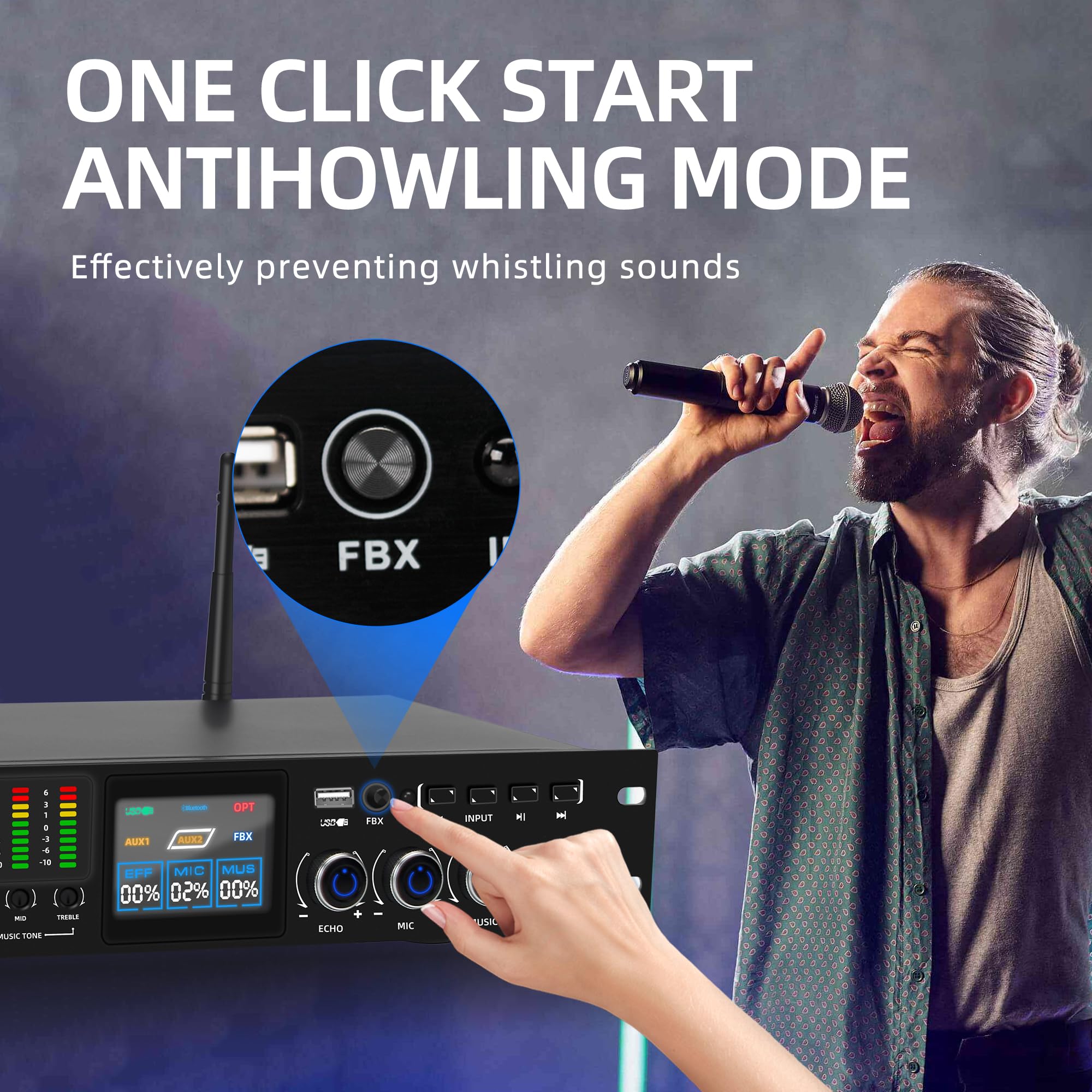 FULODE K-6 Professional KTV Digital pre-stage Effector Anti-howling Audio Processor Karaoke Mixer Reverberator with DSp effect echo USB MP3 Bluetooth optical.4 microphone input With remote control