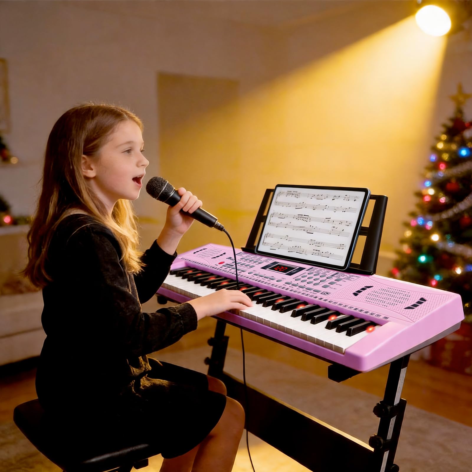 Electronic Keyboard Piano 61 Lighted Keys for Kids (Pink with Stand)