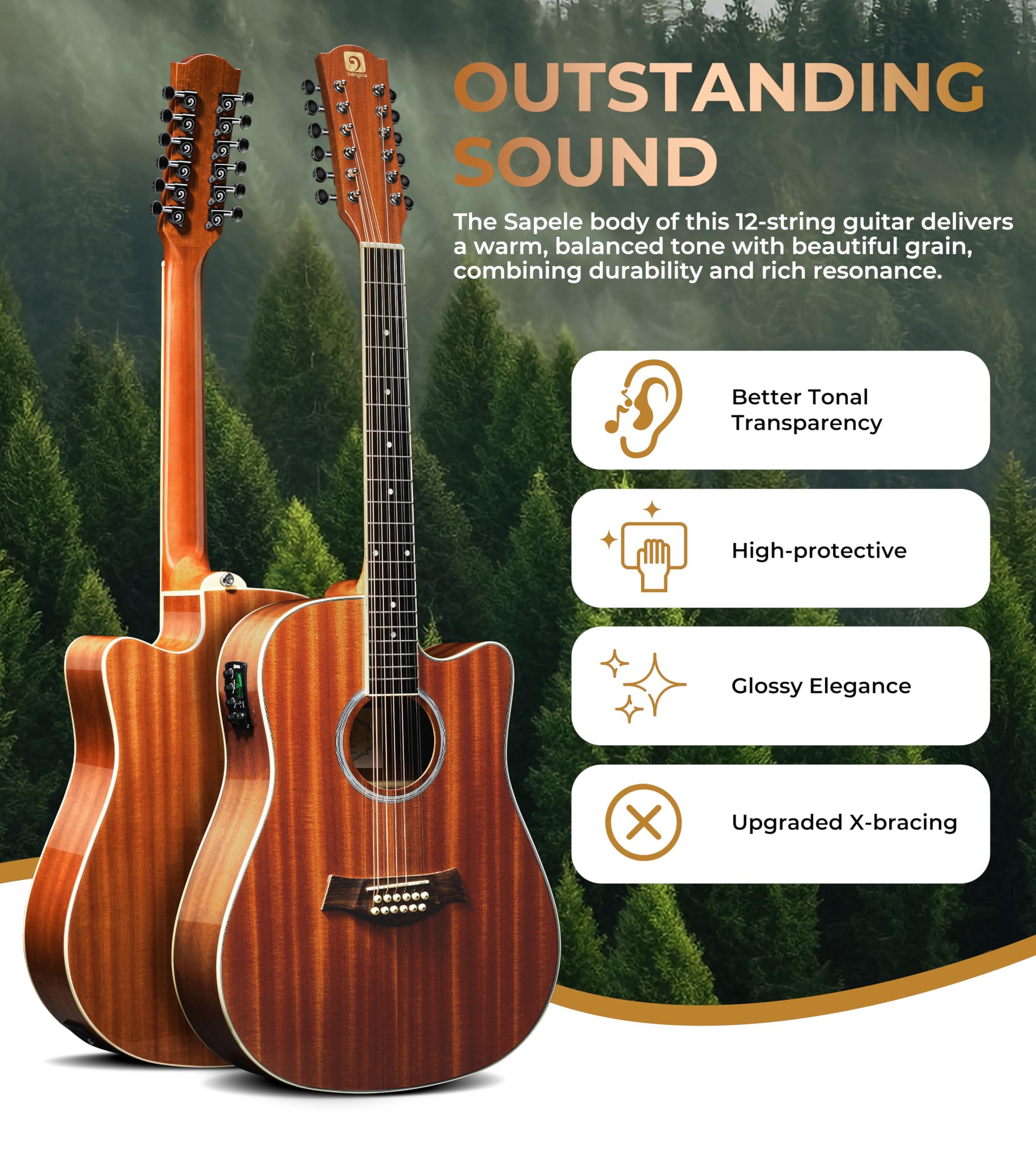 Vangoa 12 String Guitar Acoustic Electric, Upgraded Guitar 12 Strings Bundle for Beginner Intermediate Adults Teens, Guitarra de 12 Cuerdas, Sapele Body Bone Nut, Brown Glossy