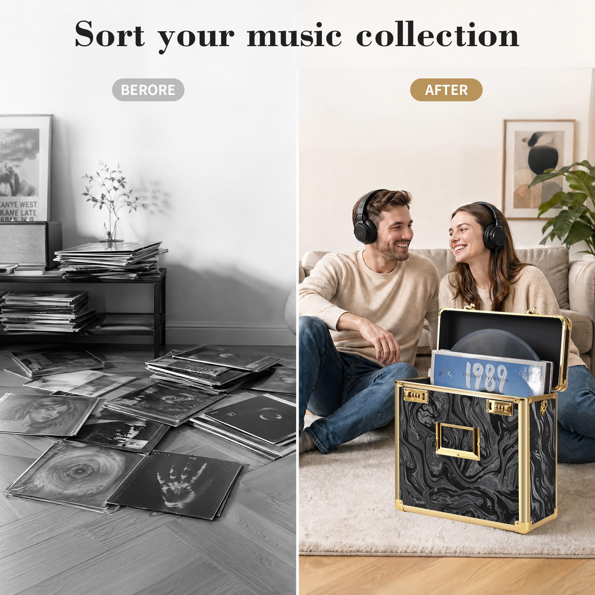 GALHUBIS Vinyl Record Box, Lockable Album Organizer, Holds 32 LPs, Gold