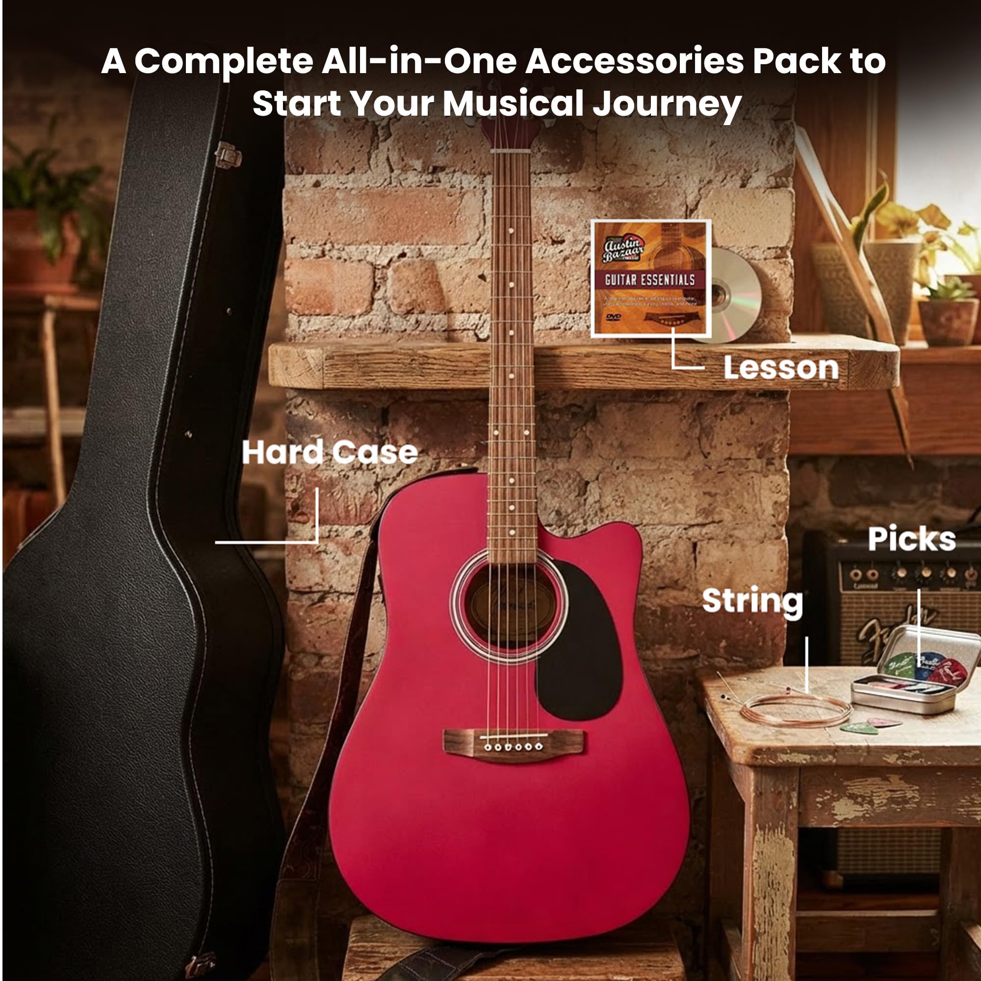 Fender FA Series Dreadnought Acoustic-Electric Guitar – Crimson Red Bundle with Case, Strings, Picks, and Austin Bazaar Instructional DVD