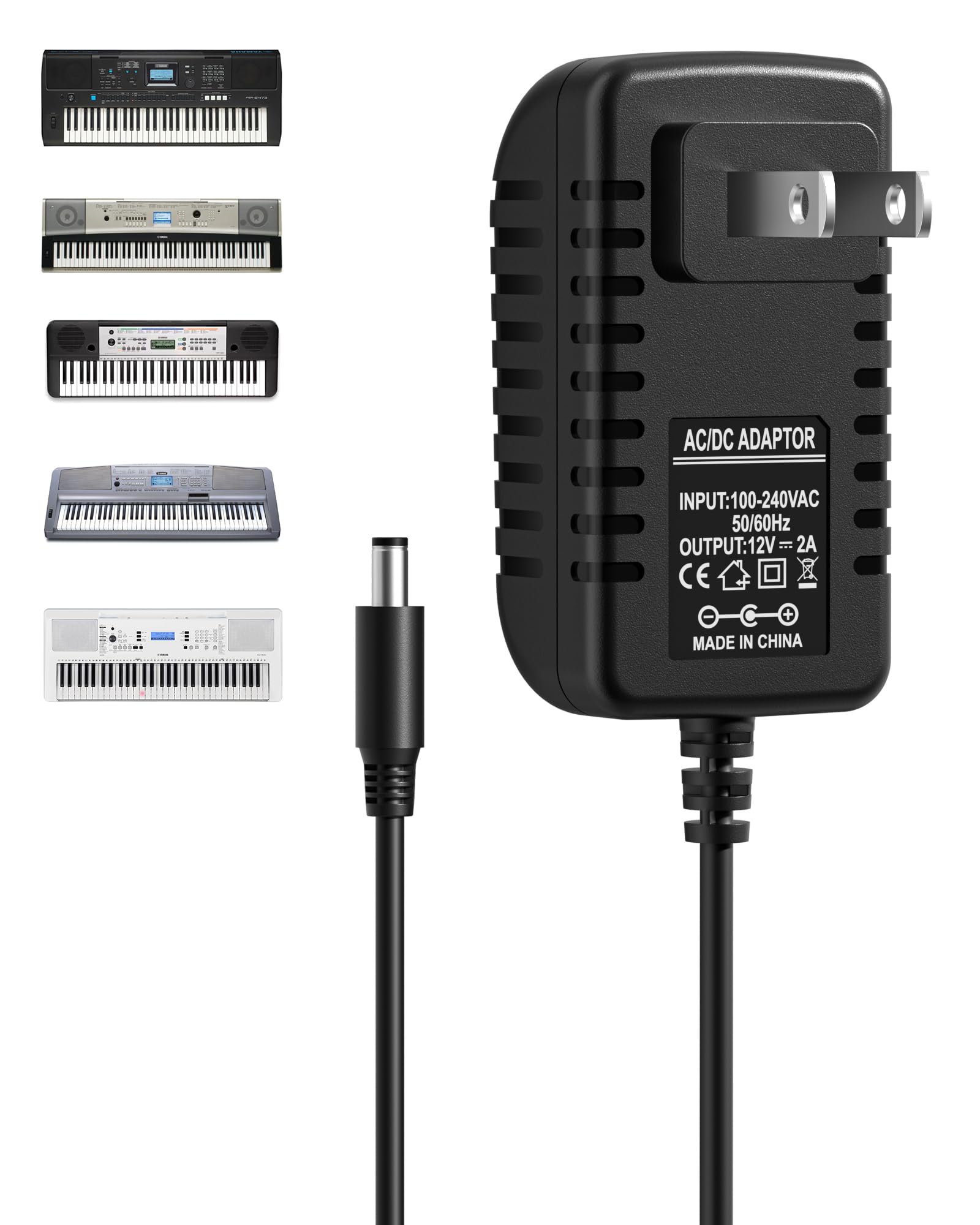 RENGOGA 12V 2A Power Supply for Yamaha Keyboard, AC Power Adapter Compatible with Yamaha PSR, YPG, YPT, DGX, DD, EZ, P Series, Replacement PA-130 PA-150 DC Connector 5.5 x 2.1mm AC Adapter 6Ft Cord