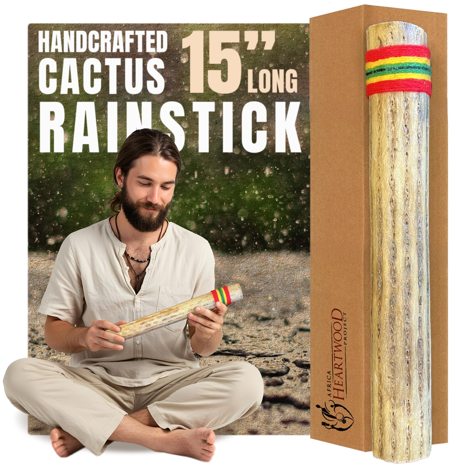 Africa Heartwood Project 15″ Cactus Rainstick from Chile – Authentic Handcrafted Rain Stick Musical Instrument with Rasta Yarn Wrap and Durable Sealant