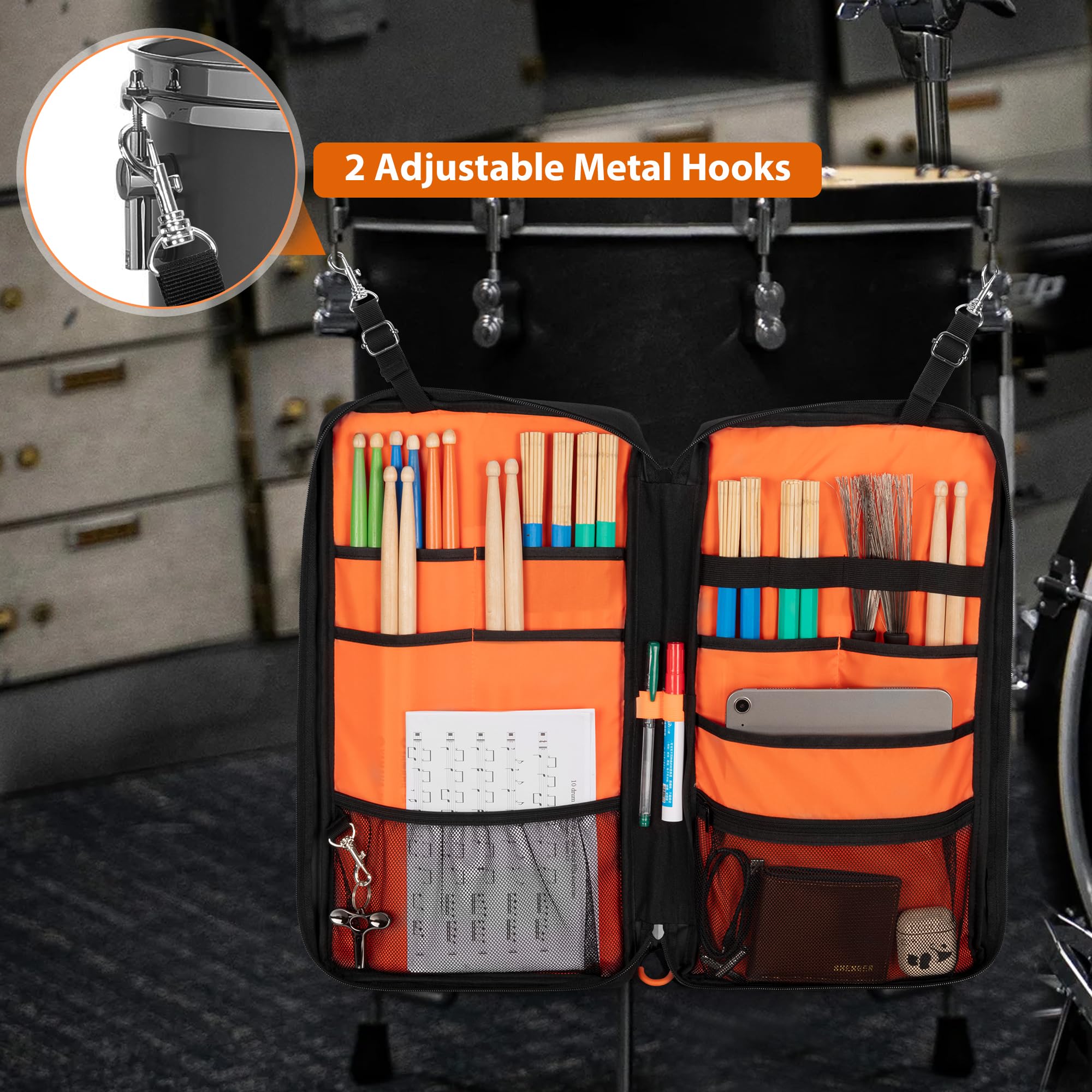 Damero Drum Sticks Bag with Hanging Hooks and Detachable Shoulder Strap
