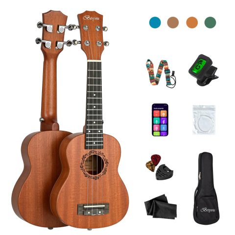 Besyou 21 Inches Beginner Ukulele Kids Travel Student Uku Wooden Soprano Mahogany Ukelele Kits with Tuner Gig Bag Strap Carbon Nylon String Picks Cloth Gift Choice (Ma)