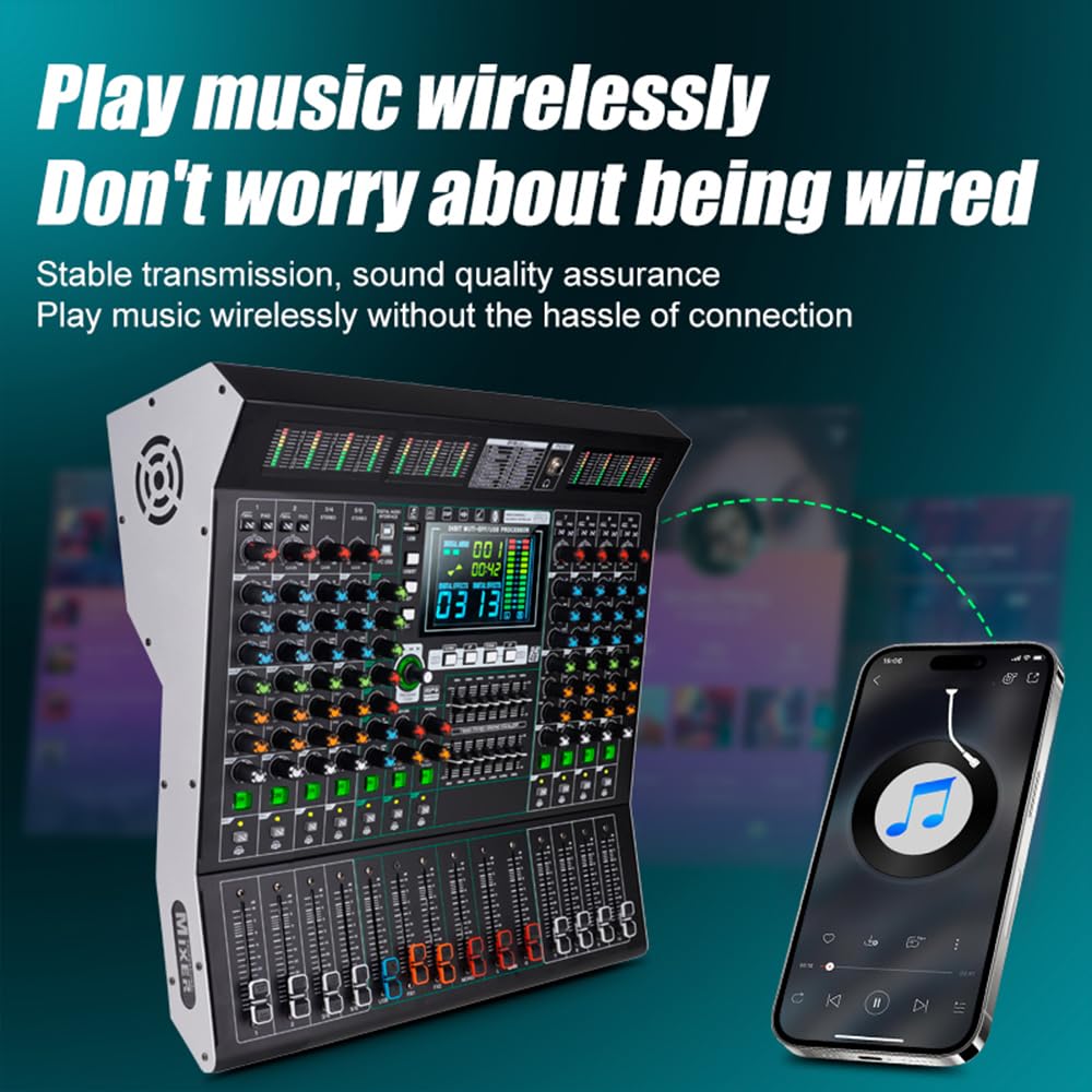 Yamnweo GF8PRO Multifunction 8 Channel Audio Mixer, LCD Color Screen, Supports Multi-Effect Audio Processing, Built-in 7 Band Equalizer and 99 Reverb DJ Mixer for Performance and Studio (GF8 FBM)