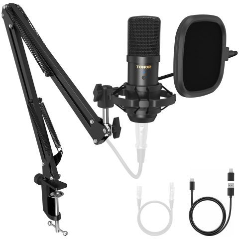 TONOR USB/XLR Microphone Set, Professional Studio Mic Kit with Boom Arm for Podcast Recording, Metal Cast Condenser PC Mic with 3.5mm Jack, USB-A, Type-C Adapter, Microfono Streaming, TC20 Pro