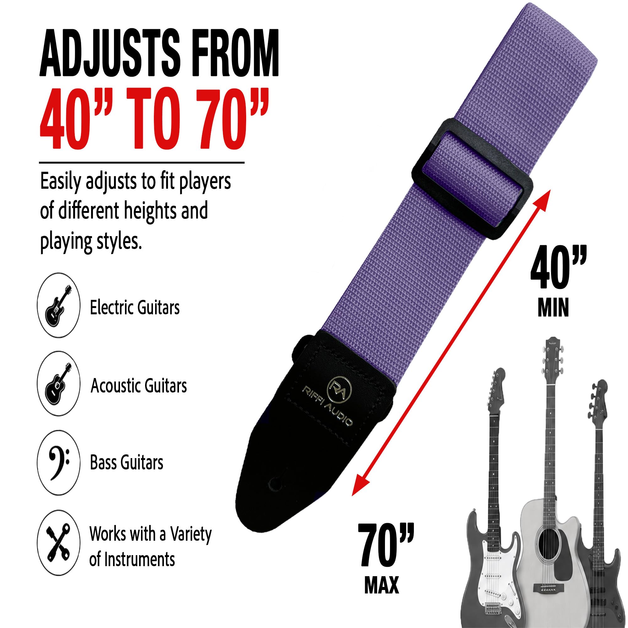 Riffi Audio Lite 1.0 Adjustable 2″ Wide Guitar Strap With Pick & Locks For Acoustic, Electric, And Bass Guitars (Light Purple)
