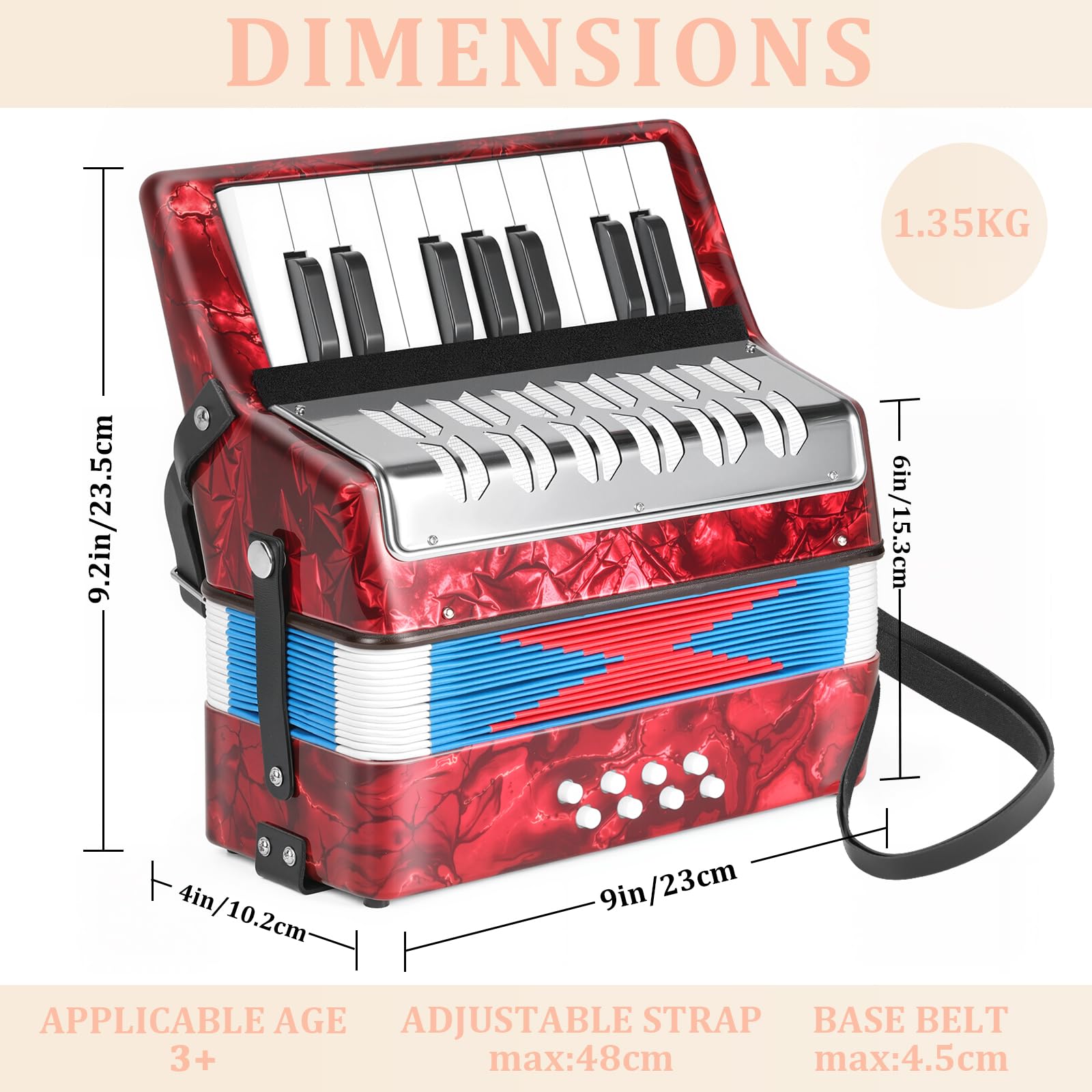 Lotkey 17 Key Piano Accordion, 8 Bass Kids Accordion, Celluloid Body, Metal Cover Accordions Louder Clearer Timbre Than Plastic, Lightweight Design for Children, Beginners to Practice (Red)