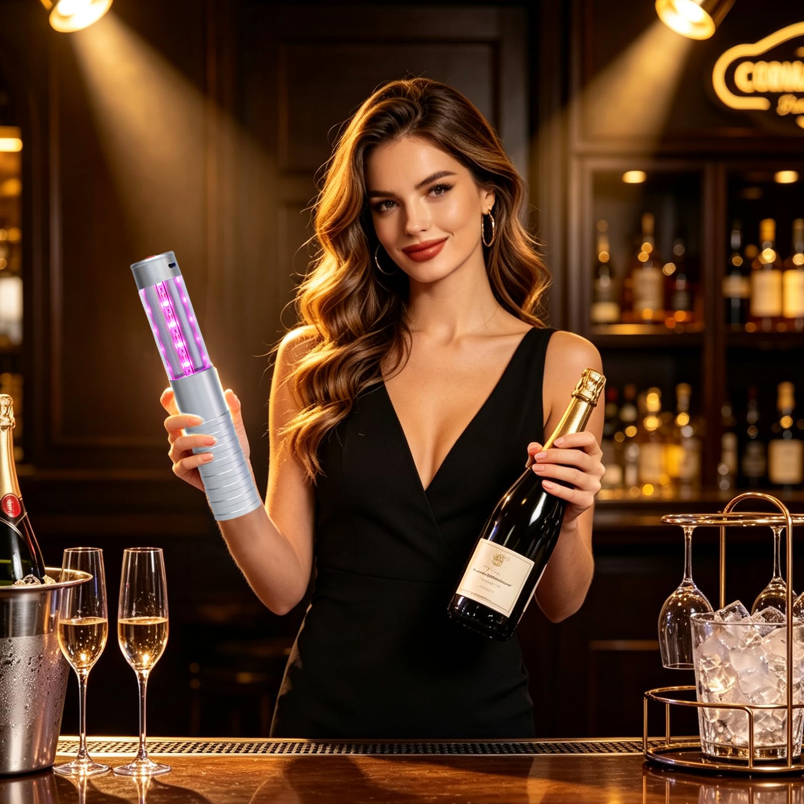 Strobe Bottle Girl Lights LED Bottle Service Lights Baton Reusable Rechargeable Service LED Champagne 2 Pcs for Bar Club Birthday Weddings Parties(Silver,Pink Light)