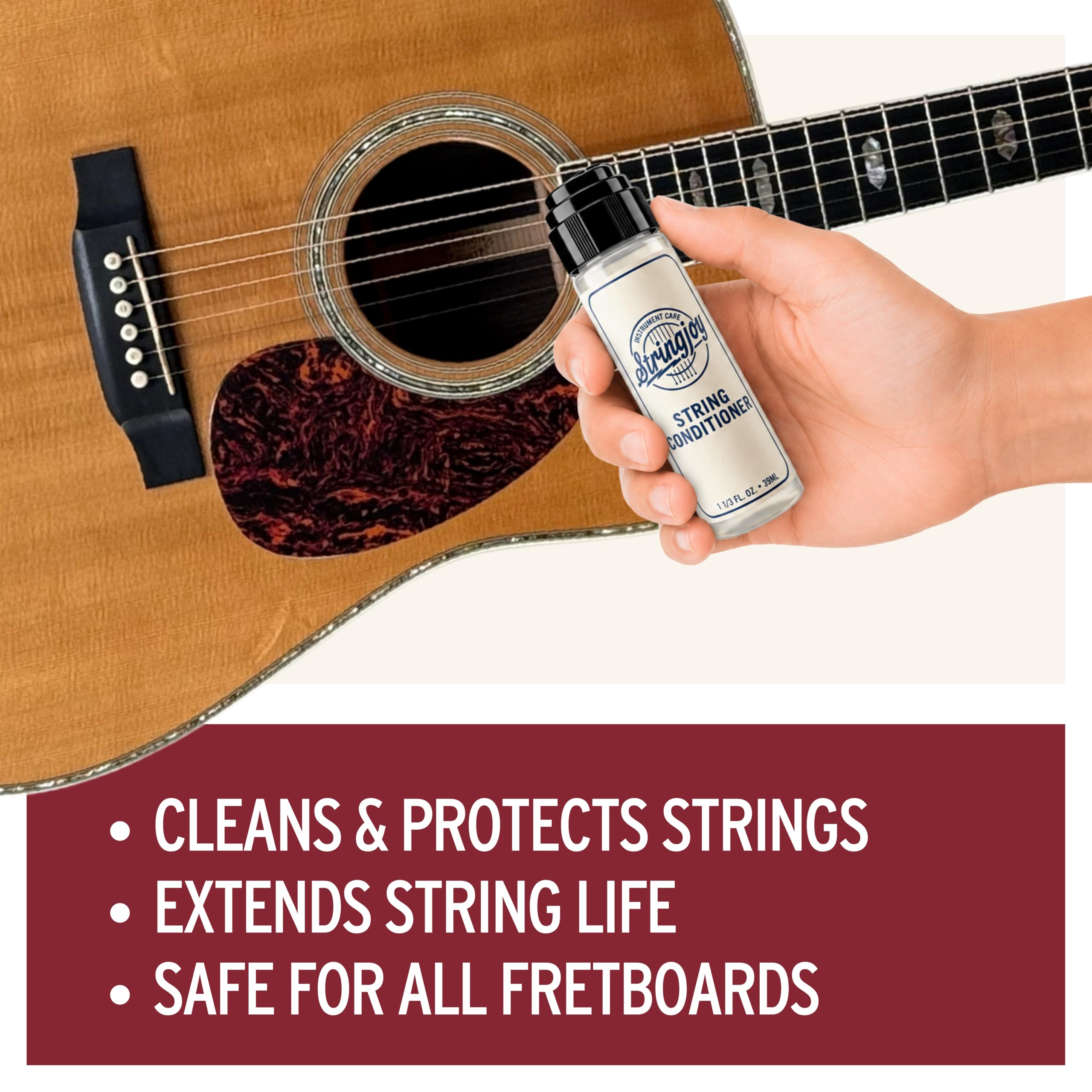 Stringjoy String Conditioner – Guitar String Cleaner for Electric & Acoustic Guitar, Bass, & Stringed Instruments – Prolongs Sound & Playability, Safe for All String Types & Fretboards, 1.33 fl oz