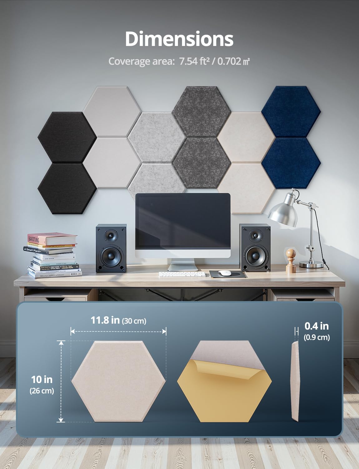 Hexagon Acoustic Wall Panels Self-Adhesive, 12 Pack Sound Absorbing Tiles for Walls & Doors, Decorative Peel & Stick Interior Panel for Studio, Home Office, Gaming Room, 12″x10″x0.4″, Dark Gray