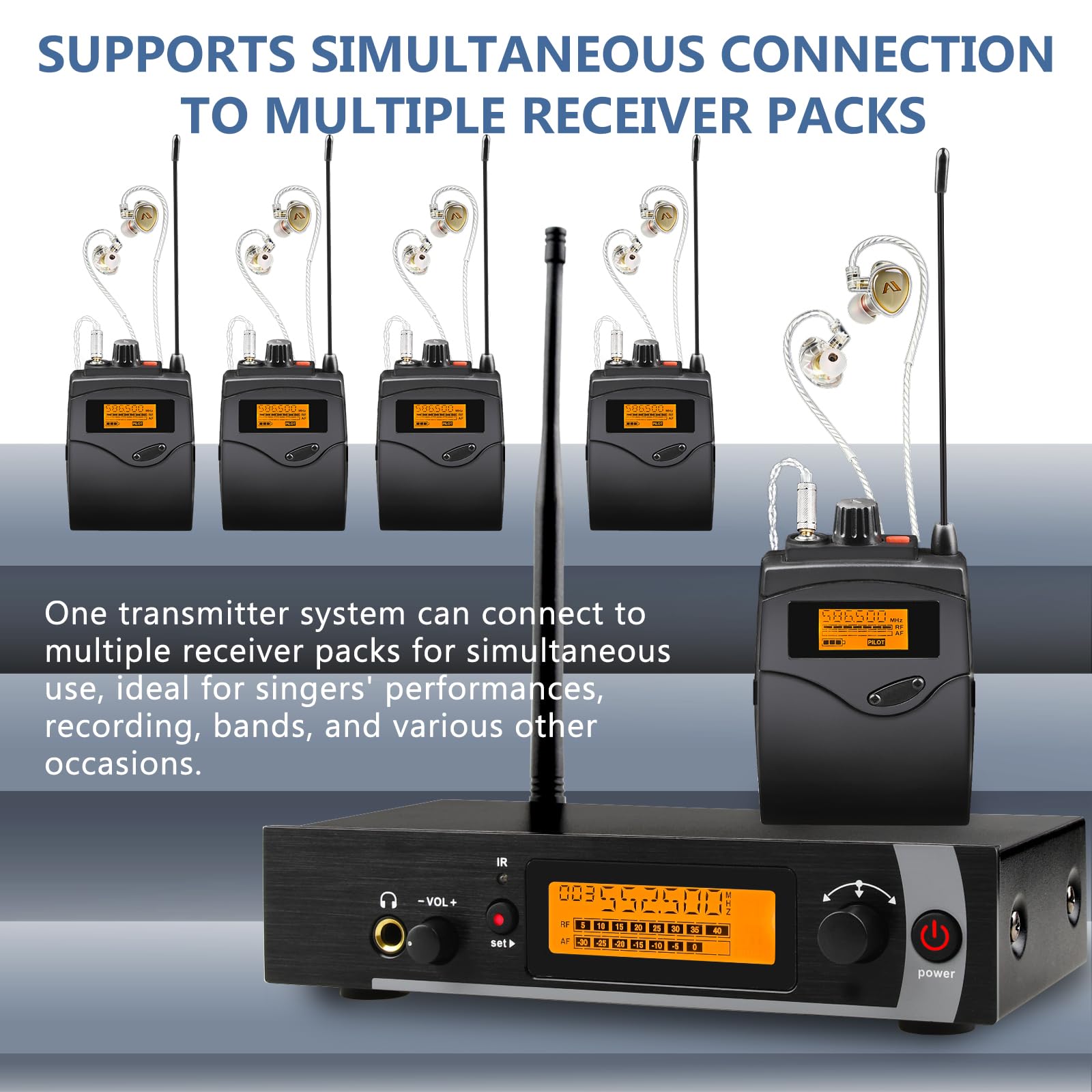 Befuoiu UHF Wireless in Ear Monitor System 2 Pack with Earphones, 16 Channel Adjustable Frequency Wireless IEM System for Live Performance, Bands, Studio, 200ft Range