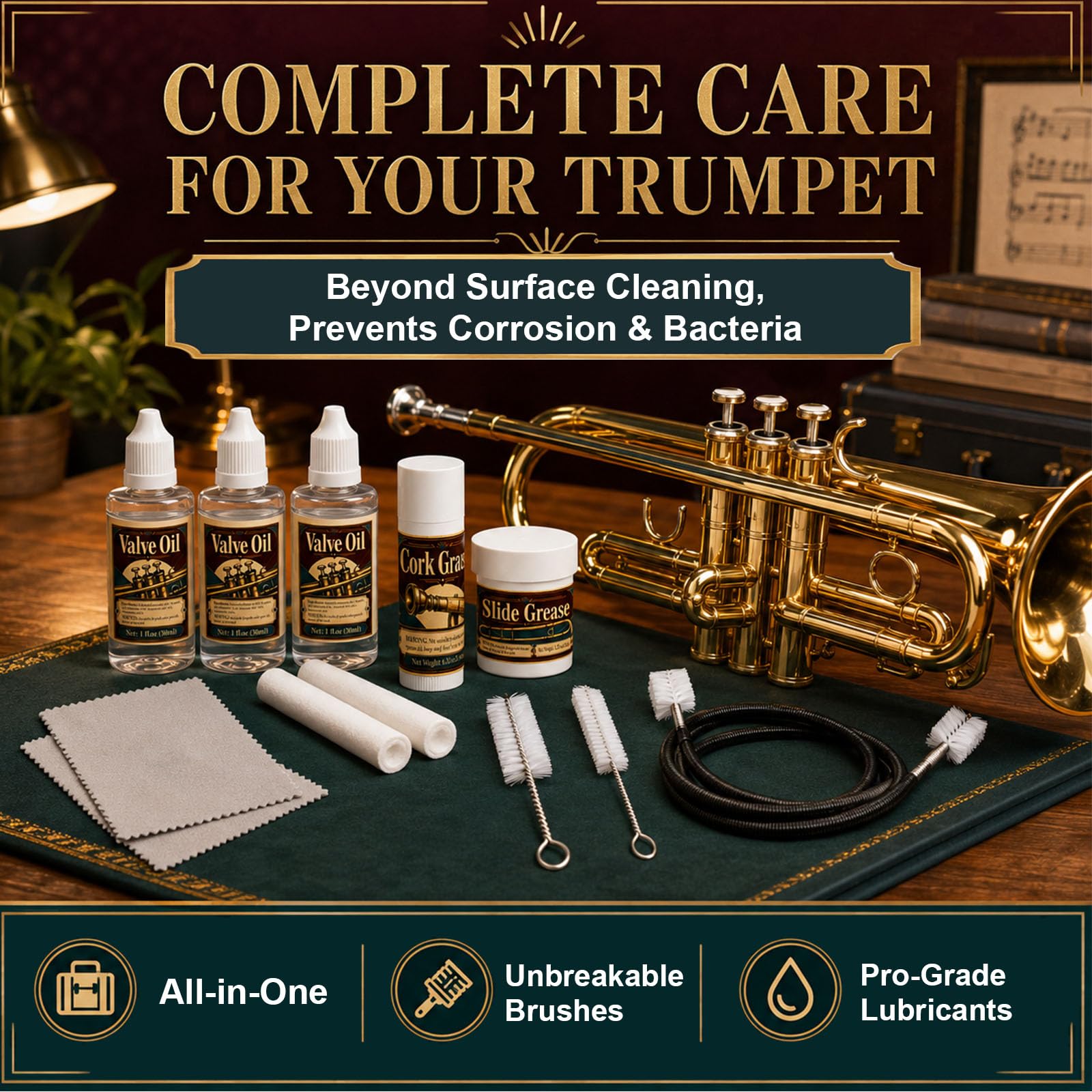 DINGSEN Trumpet Cleaning Kit – Complete Care with Oil, Grease & Brushes
