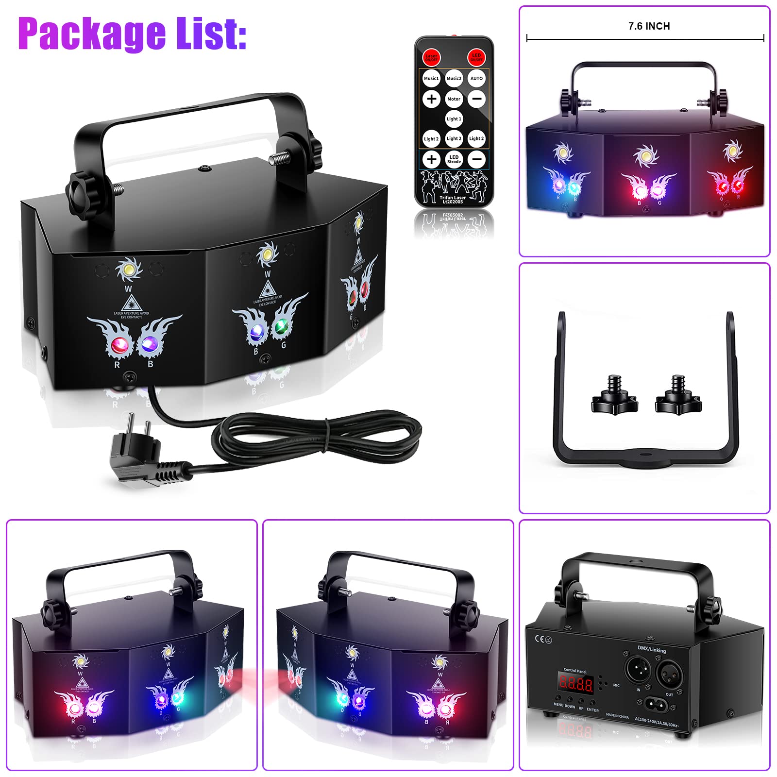 U`King Party Lights DJ Disco Light,9 Lens Stage Lighting Support DMX512 and Sound Activated with Remote Control Laser Lights for Parties Birthday Wedding Karaoke Bar KTV Club Stage Live Show(4 PCS)