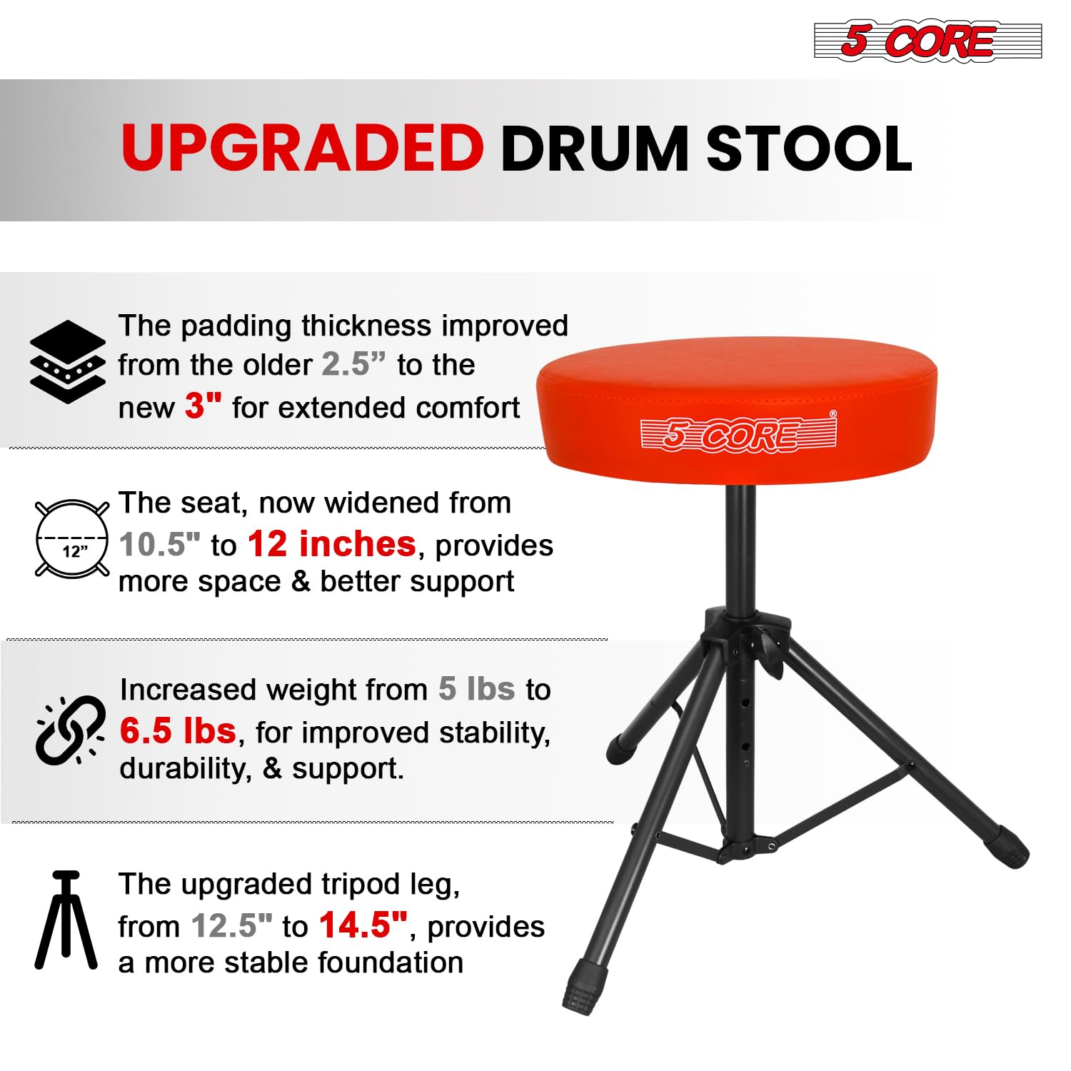 5 CORE Drum Throne Thick 3″ Padded Drum Seat Height Adjustable Drumming Stools with Anti-Slip Feet Musician Chair for Adults and Kids Drummers Orange – DS 01 ORG