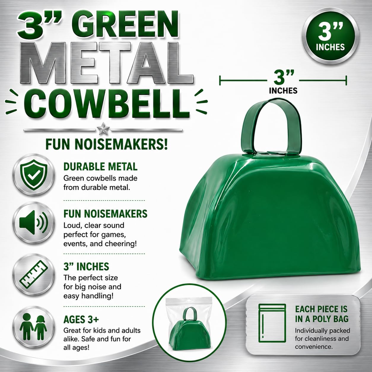 The Dreidel Company Green Metal Cowbell Noisemaker Cheering Bell, New Years, School Classroom, Wedding Bells & Chimes Percussion Musical Instruments Call Bell Alarm, 3″ (6-Pack)