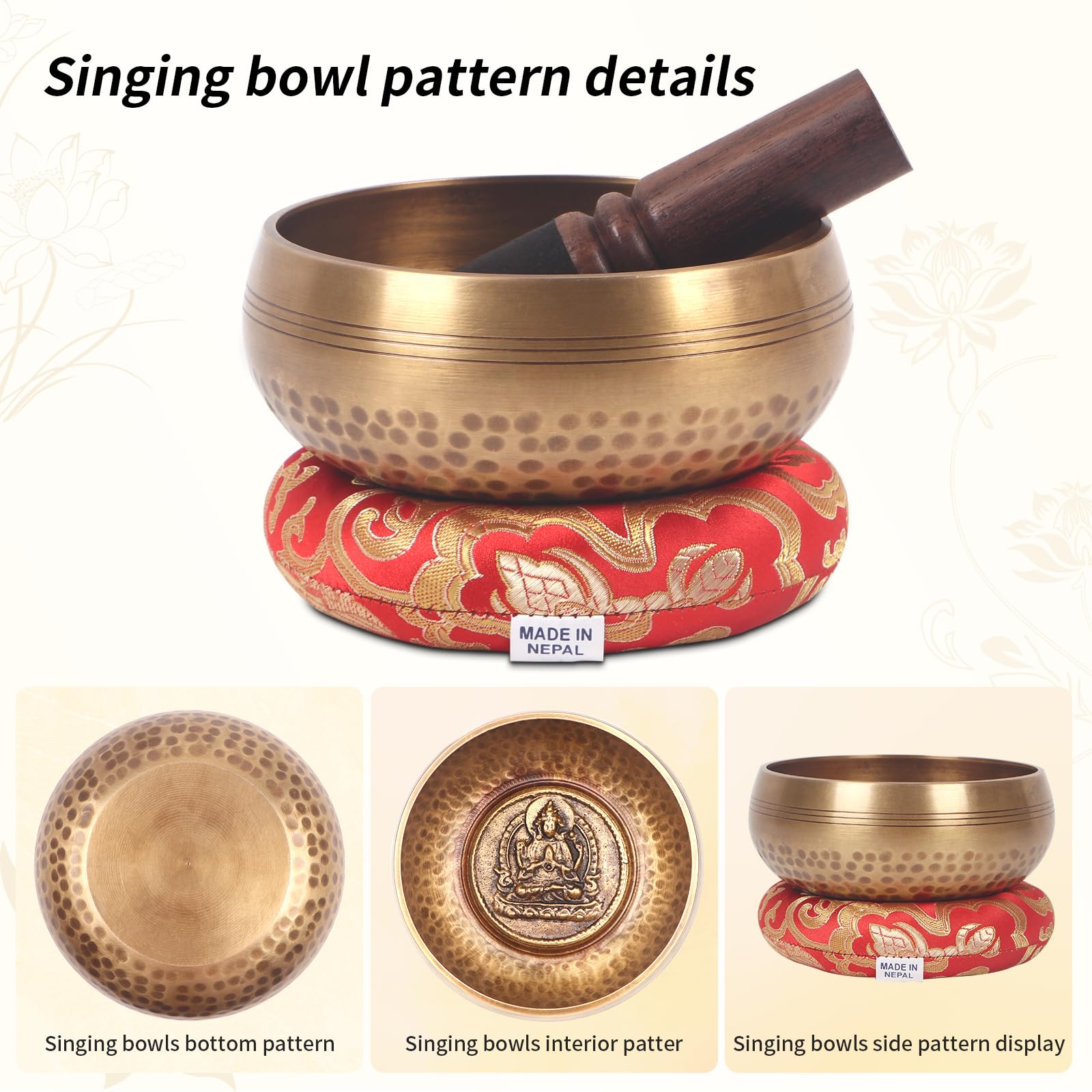 Kmise Tibetan Singing Bowls Set- Handmade in Nepal Meditation Sound Bowls for Yoga, Meditation, Mindfulness, Healing and Chakra Balancing, Stress Relief (5′, Buddha)