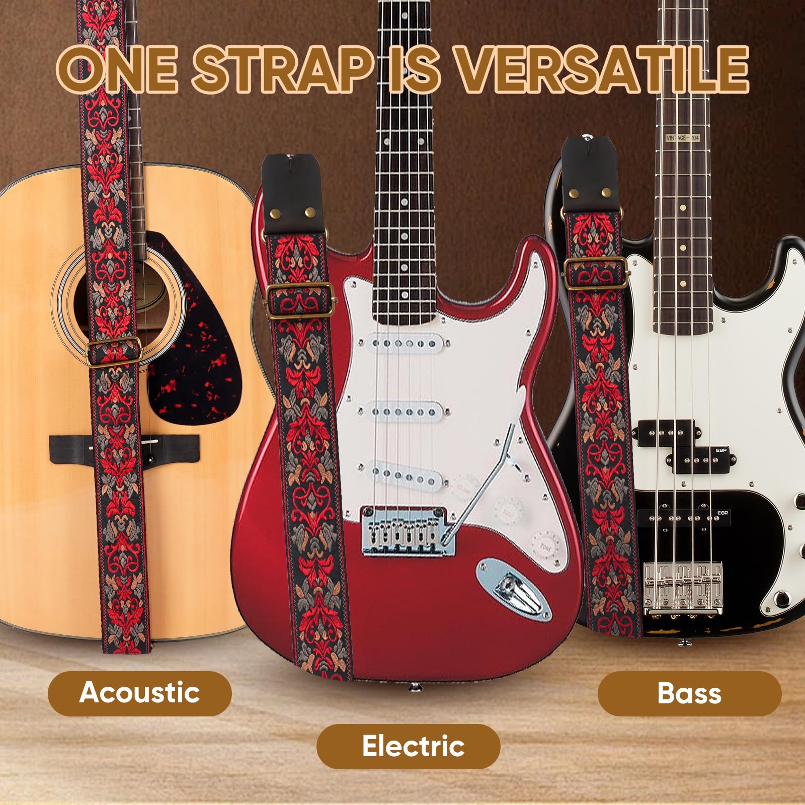 Guitar Strap,Jacquard Cotton Guitar Straps with Real Leather Ends for Acoustic,Electric Guitars and Bass,with Free 1 Head Strap, 2 Anti Slip Buckle and 3 Guitar Picks (GS-75-1 Deep Red Jacquard)