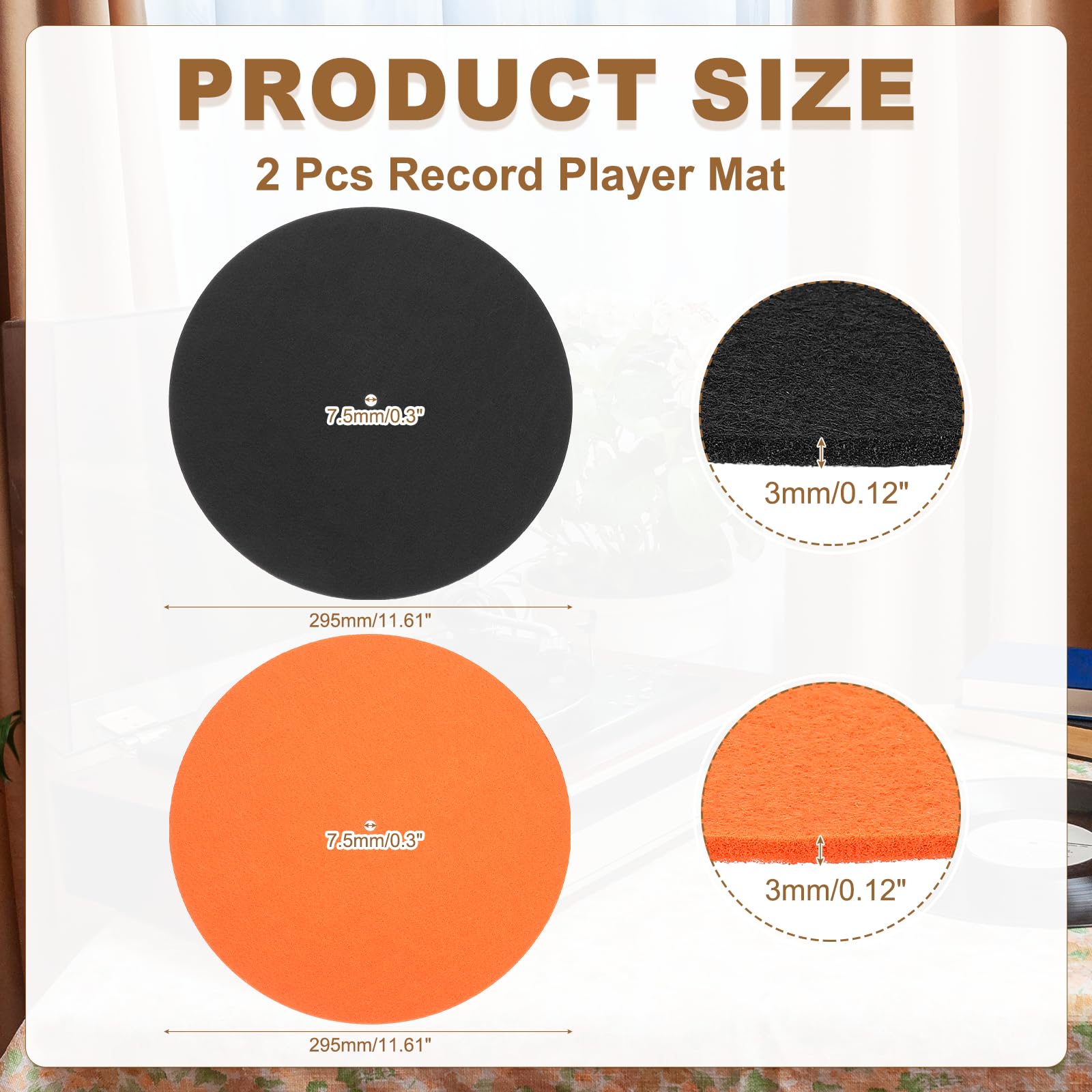 MECCANIXITY 2 Pcs Record Player Mat, 12 Inch Turntable Mat 3mm Felt Turntable Pad for Vinyl Record Player, Black/Orange