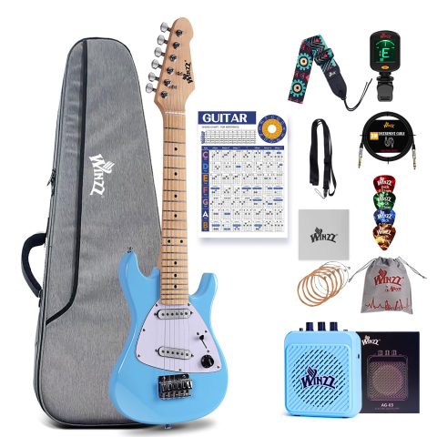 Winzz 30 Inch Kids Electric Guitar Beginner Kit, Junior 1/4 Size Mini Electric Guitar for Children Complete Stater Set with Amp, Gloosy Blue Colour