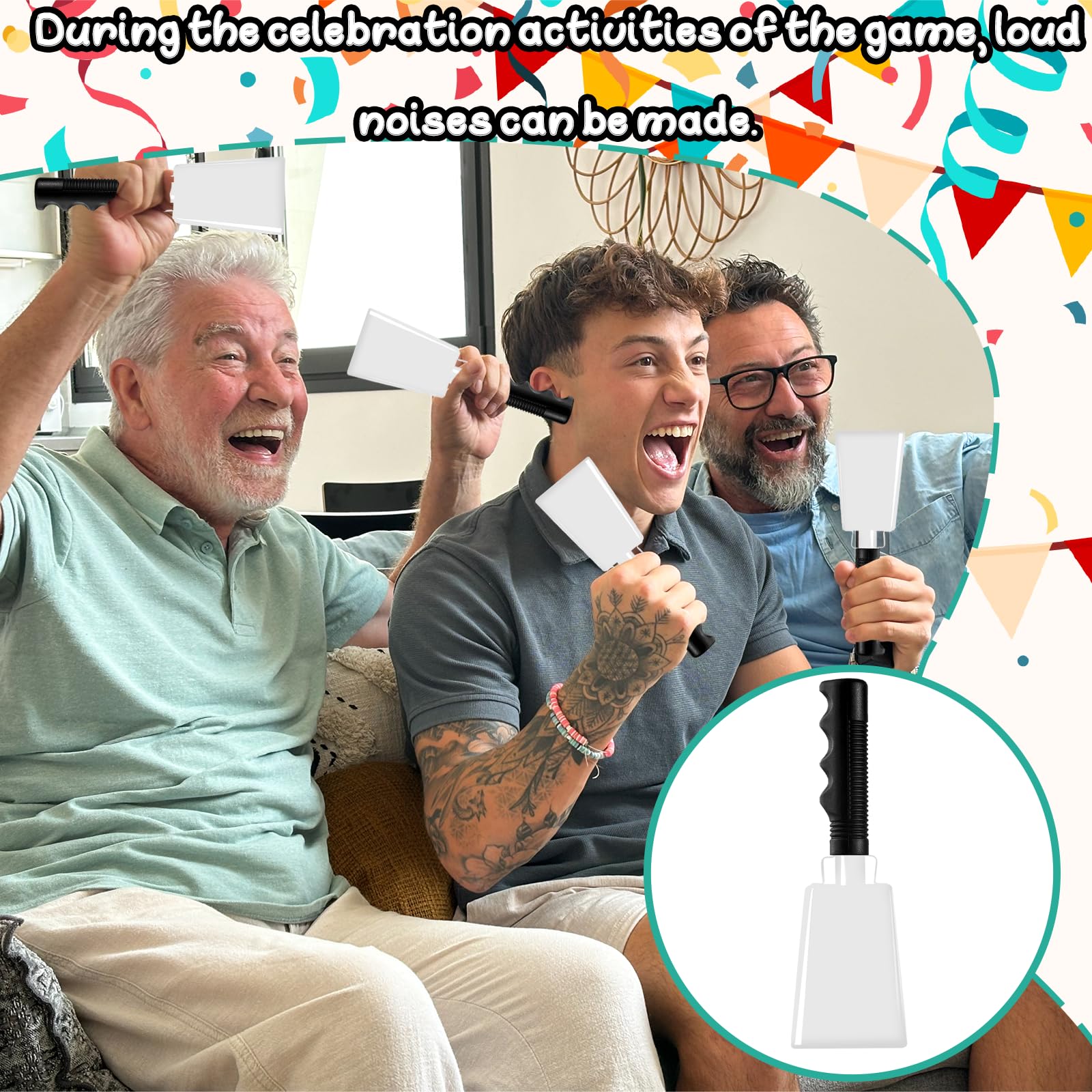 9 Inch White Cow Bell Noise Makers with Handle Black Steel Cowbell for Sporting Events Cheering Graduation Decor Football Games Party (White)