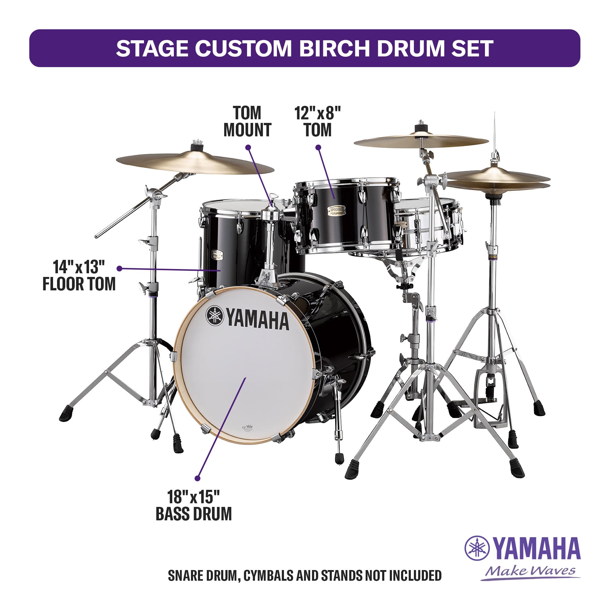 Yamaha Stage Custom Birch 3pc Bop Drum Shell Pack – 18″ Kick, Raven Black