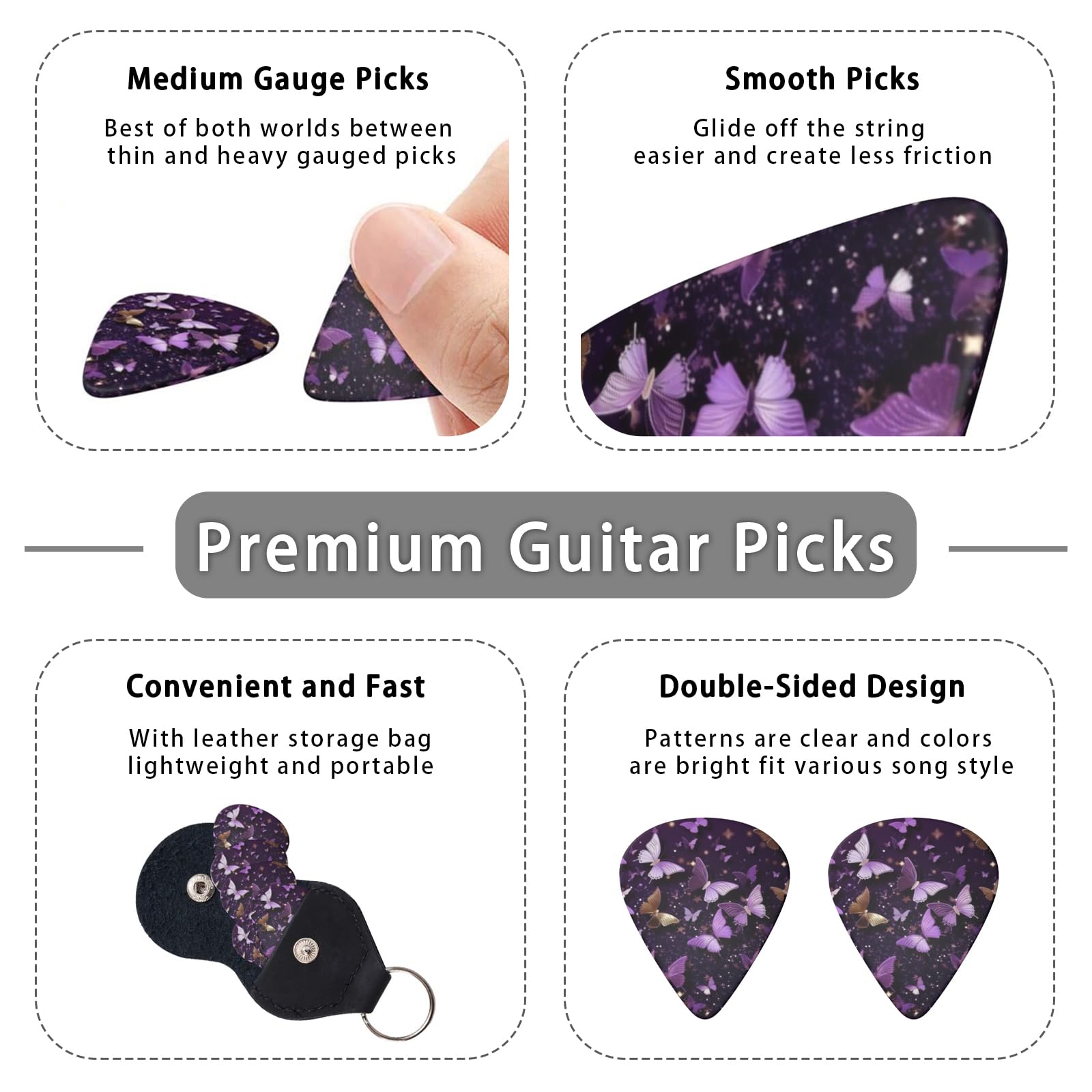 LOZUQII 6 Pack Guitar Picks with Bag, Medium 0.71mm – Cute Purple Butterfly